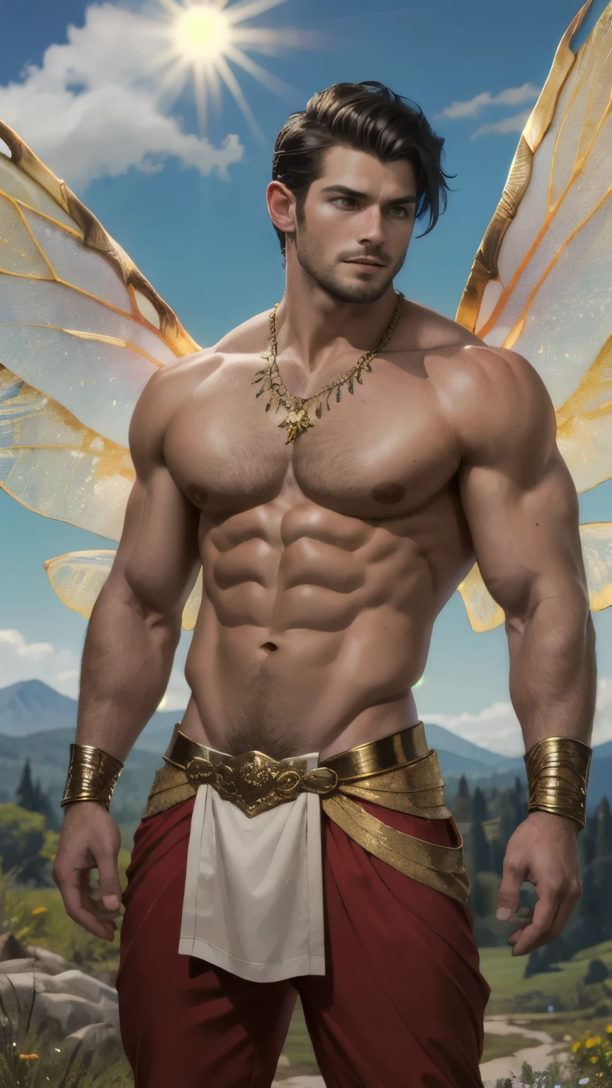 ((best quality)), ((masterpiece)), (detailed), perfect face,Male Body,Perfect Body,Body,Sixpack,perfect Abs,Whole Body,Male face,Whole Body,King,Golden outfits,black hair,shirtless,handsome,arms muscle,Using power,green eyes,powerful man, Golden loincloth,Sky,Look straight,Royal outfits,Fairy male,Fairy wings,King Fairy,Fairy in the woods,Colorful wing,colorful outfits,royal pants,healthy lips,flying