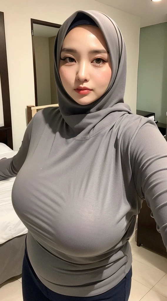 ((Best quality, 8k, bedroom, low pov, Masterpiece :1.3)), 1girl, Pretty old mom with slender abs :1.3, (Medium-short hair, extra huge breasts, huge nipple, areola, curvy body, sweaty, naughty look :1.2), sweaty :1.1, Ultra-detailed face, Detailed eyes, Double eyelid, brown skin, hyper pregnant, white hijab