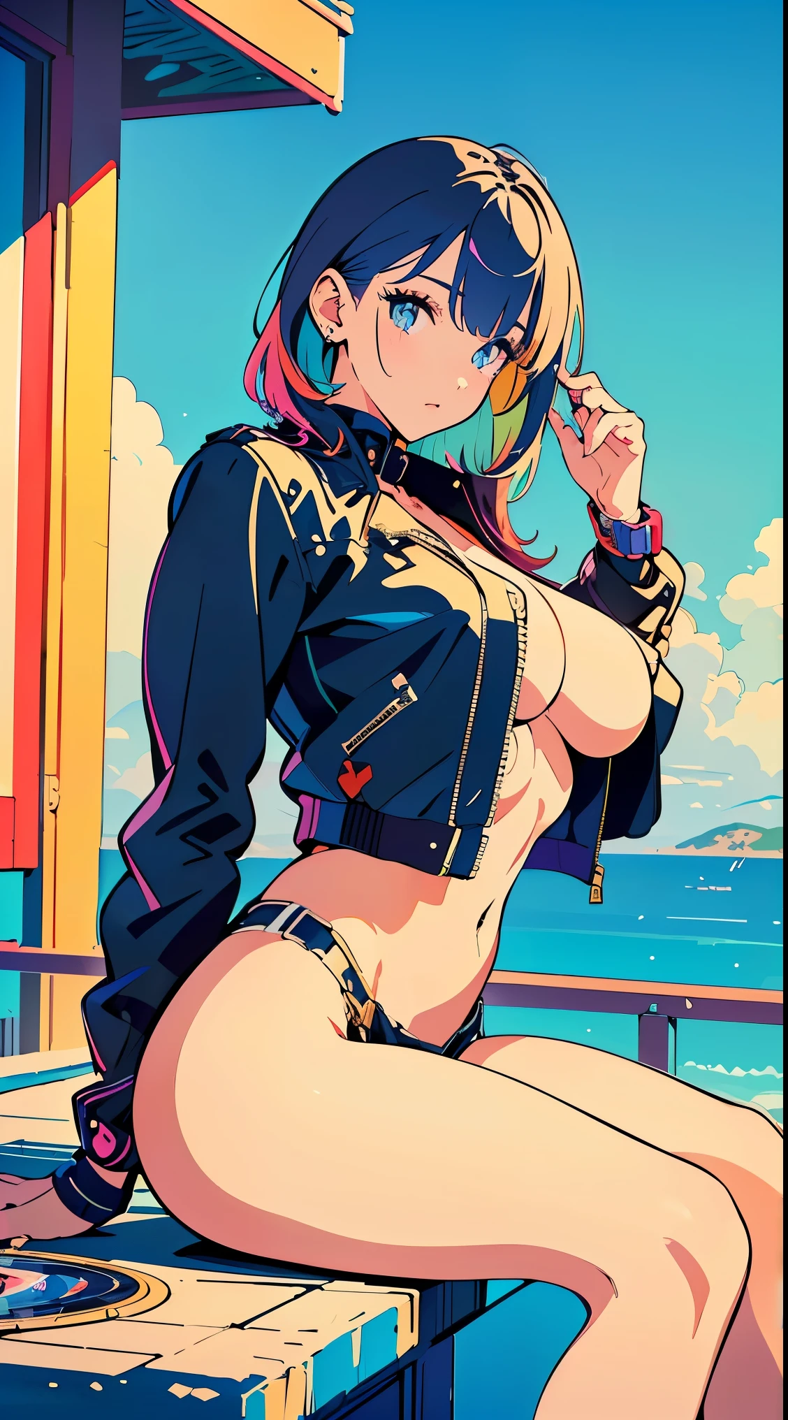 Vibrant colors、((masterpiece)))、(((top-quality)))、((ultra-detailliert))、(A hyper-realistic)、(highly detailed CGillustration)、Official art、CD cover、 art district、It will be、Mid summer、Stylish、glorious 1980s、Cool Beauty、Cochetti Gojo Beautiful woman without a watch、multicolored hair、Rock 'n' Roller、leather jackets、tight female solo、Perfect Angle、perfect-composition