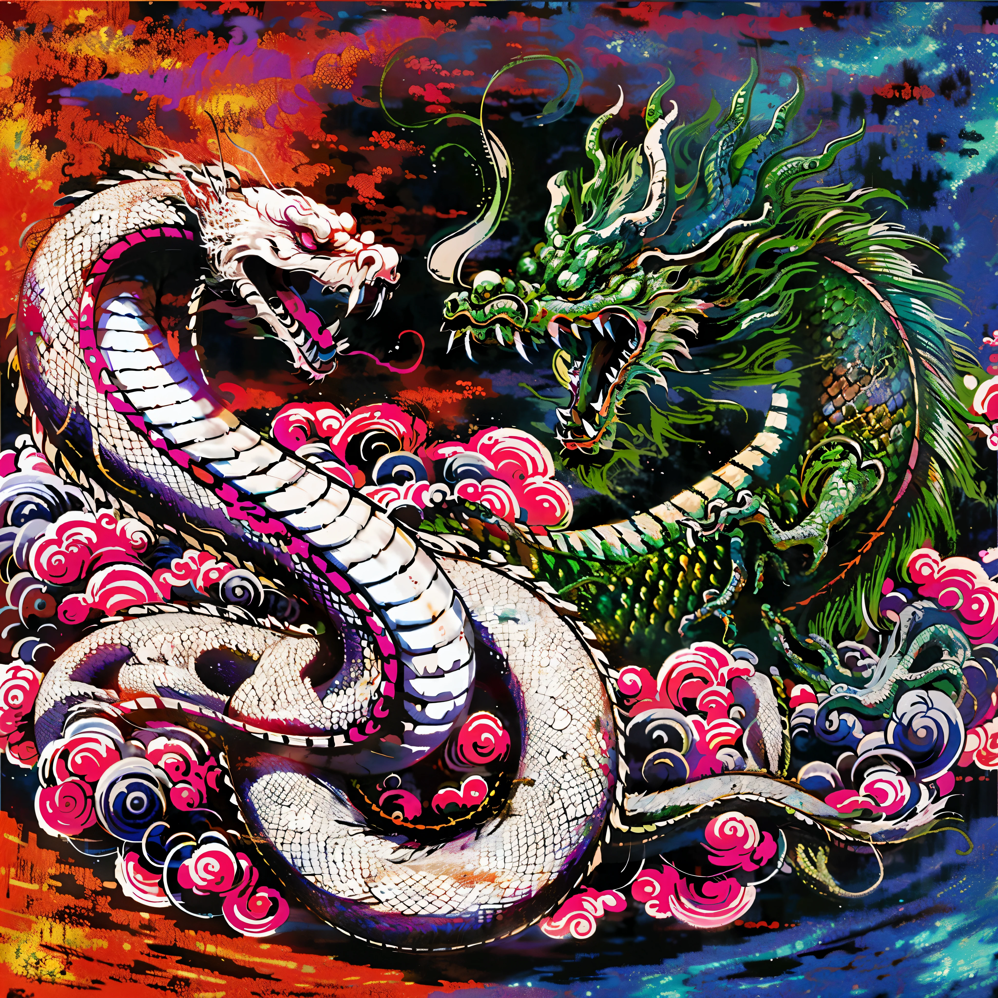 A painting of two snakes in a red sky and a swirling sea, chinese dragon fighting, dragon oil painting, majestic japanese dragon, dragon art, chinese dragon, chinese dragon engrave, cyan chinese dragon fantasy, inspired by Utagawa Yoshitsuya, smooth chinese dragon, chinese dragon concept art, very complex and colorful, chinese silk 3d dragon, dragon