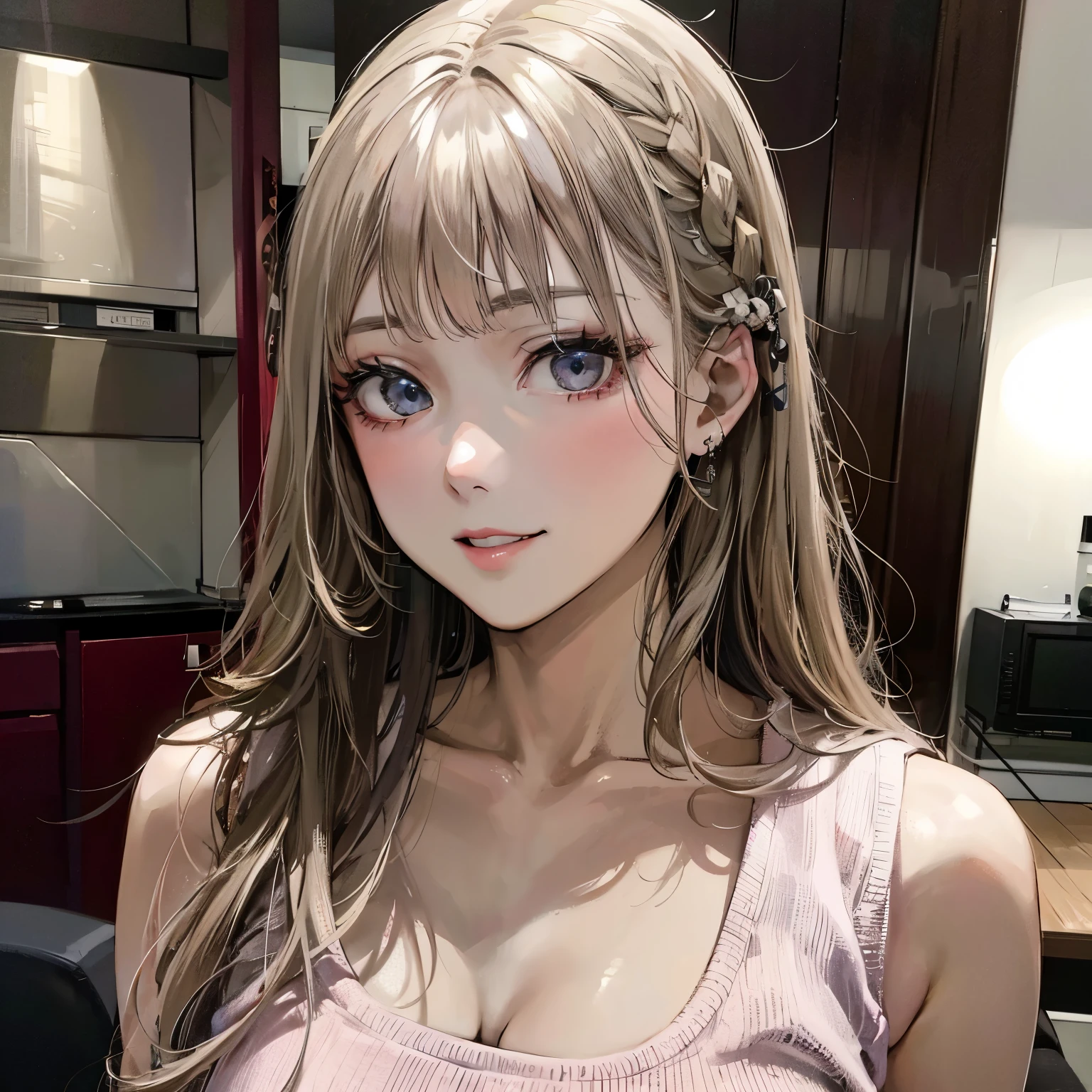 長いhairとピンクのトップスを着て写真のためにポーズをとったアラフィーの, 白姫カットのhair型, long hair 前hairあり, 前hairあり, neat hair 前hairあり, 前hairたっぷりのロングヘア, hair, korean girl, プラチナブロンドのhair, popular korean makeup, gorgeous young korean woman、Drooping eyes、smile