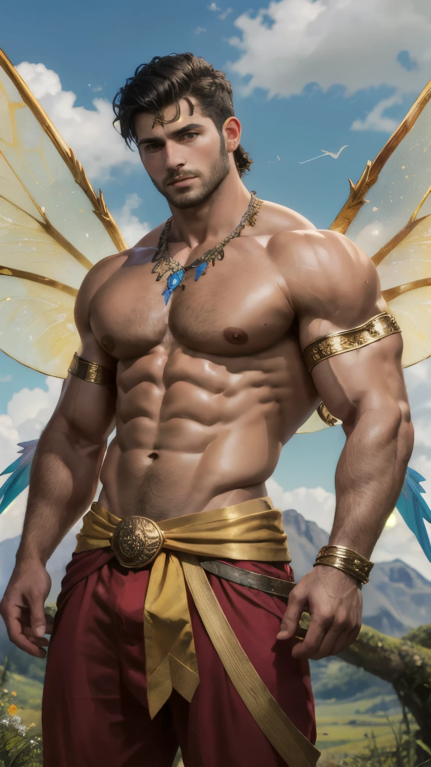 ((best quality)), ((masterpiece)), (detailed), perfect face,Male Body,Perfect Body,Body,Sixpack,perfect Abs,Whole Body,Male face,Whole Body,King,Golden outfits,black hair,shirtless,handsome,arms muscle,Using power,green eyes,powerful man, Golden loincloth,Sky,Look straight,Royal outfits,Fairy male,Fairy wings,King Fairy,Fairy in the woods,Colorful wing,colorful outfits,royal pants,healthy lips,flying,magic woods