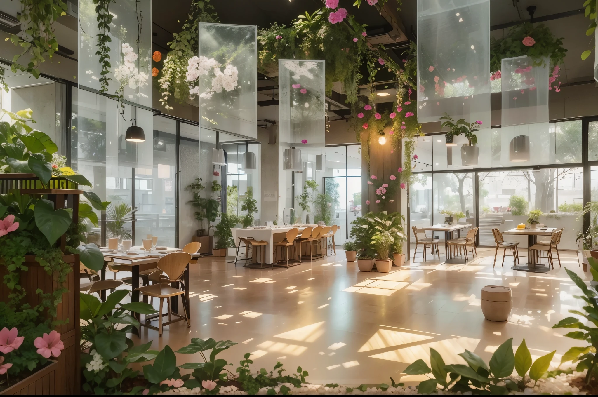 Design restaurant interior rendering, (best quality, high resolution), (bright, vibrant colors), (detailed, realistic), hanging flowers and plants, transparent glass wall, open-air greenery surrounded by dining table, furniture, Chinese furniture, natural light, sunlight, foliage, floral arrangements, warm tones, a style reminiscent of V-Ray's diagonal tracking, ultra-high-definition, epic details