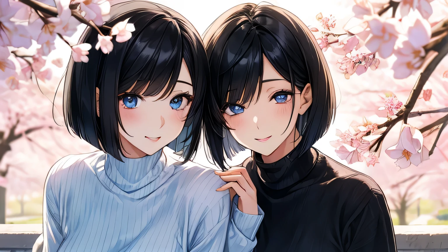 1 female、28 years old、Adult and realistic face、long face、beautiful hair, black hair、shortcut、bob cut、fine and beautiful eyes、big slanted eyes, Are you okay、A big smile full of softness、light blue knit sweater、look at the cherry blossoms