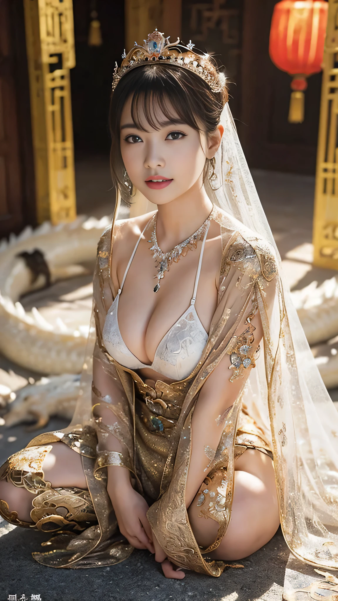 (heavy chest)、highest quality、masterpiece、超A high resolution、（white ragon armor）、(((big breasts))),dragon armor、(((detailed micro bikini))),(She wears a beautiful crown made of precious stones.),(Photoreal:1.4)、RAW photo、1 girl、(((random hair))、(((Take a variety of poses)))、glowing skin、(((chinese dragon)))、intricate and gorgeous hair ornaments、（Looks like a gorgeous jewelry necklace）、（whole body angle）、（fight a big dragon）、with a beautiful knife、（のMetalビキニの背景))),、(drop down)、ancient ruins cliff)、((Ultra realistic details))、portrait、global illumination、（sexy pose）、Shadow、octane rendering、、8k、super sharp、big breasts、Raw skin exposed in the cleavage、Metal、intricate decorative details、Japan details、very intricate details、realistic light、CG Society Trenlow Eyes、Eyes shining towards the camera、2 stocks、（whole body angle）、（veil）、smile