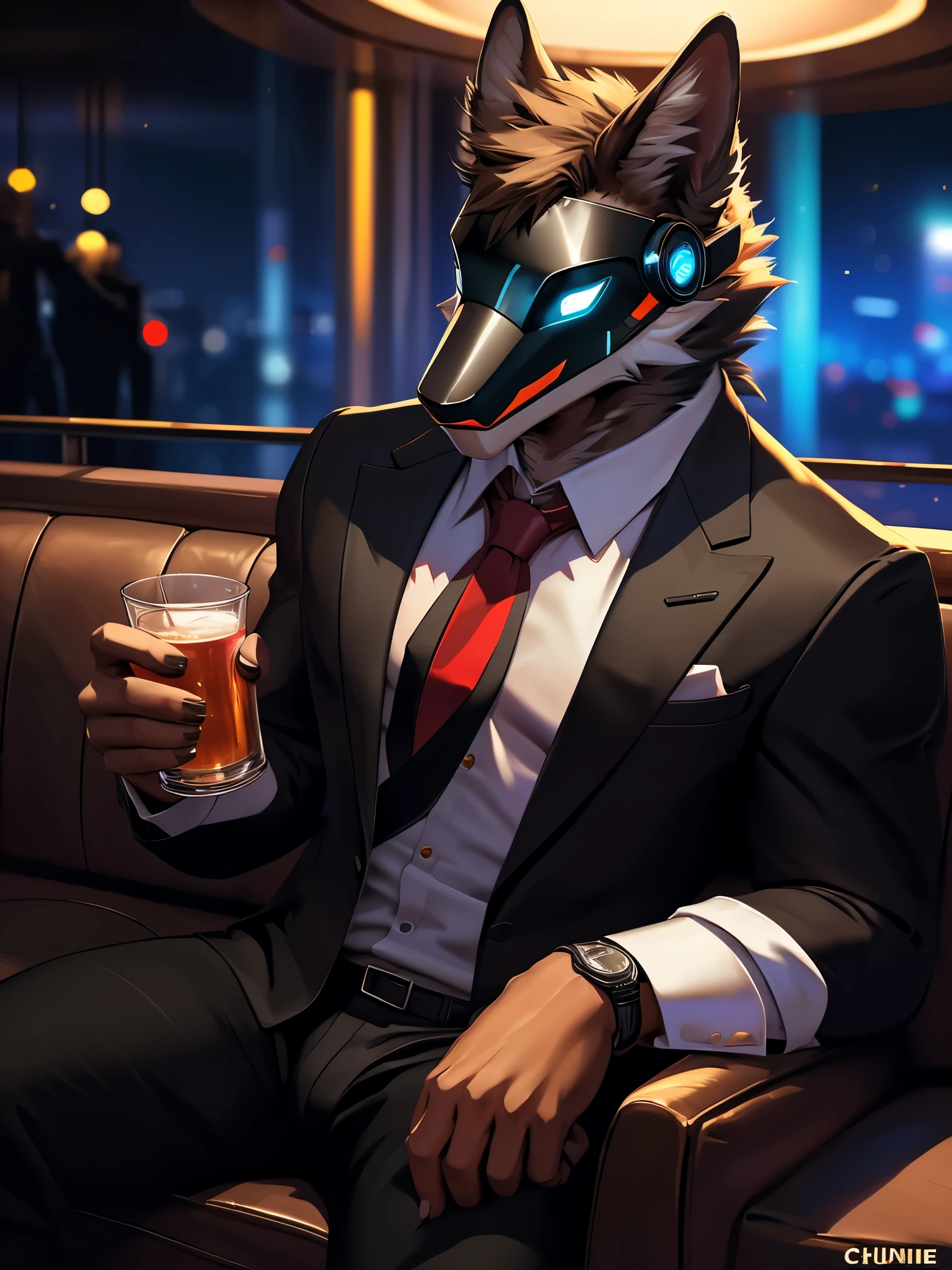 posted on e621, (by Chunie), Protogen,solo,masculine, Green fur with White stripes on the tips, Slim body, full body like, at a nightclub, Hitman wear, Black suit, Red tie, Sitting on the sofa, a cup of alcoholic drink, Abstract beauty, ultra detailed face, depth of field, motion blur, high details, high quality, award winning, HD, 16k, (best quality,4k,8k,highres,masterpiece:1.2),ultra-detailed,realistic:1.37,HDR,UHD,studio lighting,extreme detail description,professional,vivid colors,bokeh,lively atmosphere, natural lighting