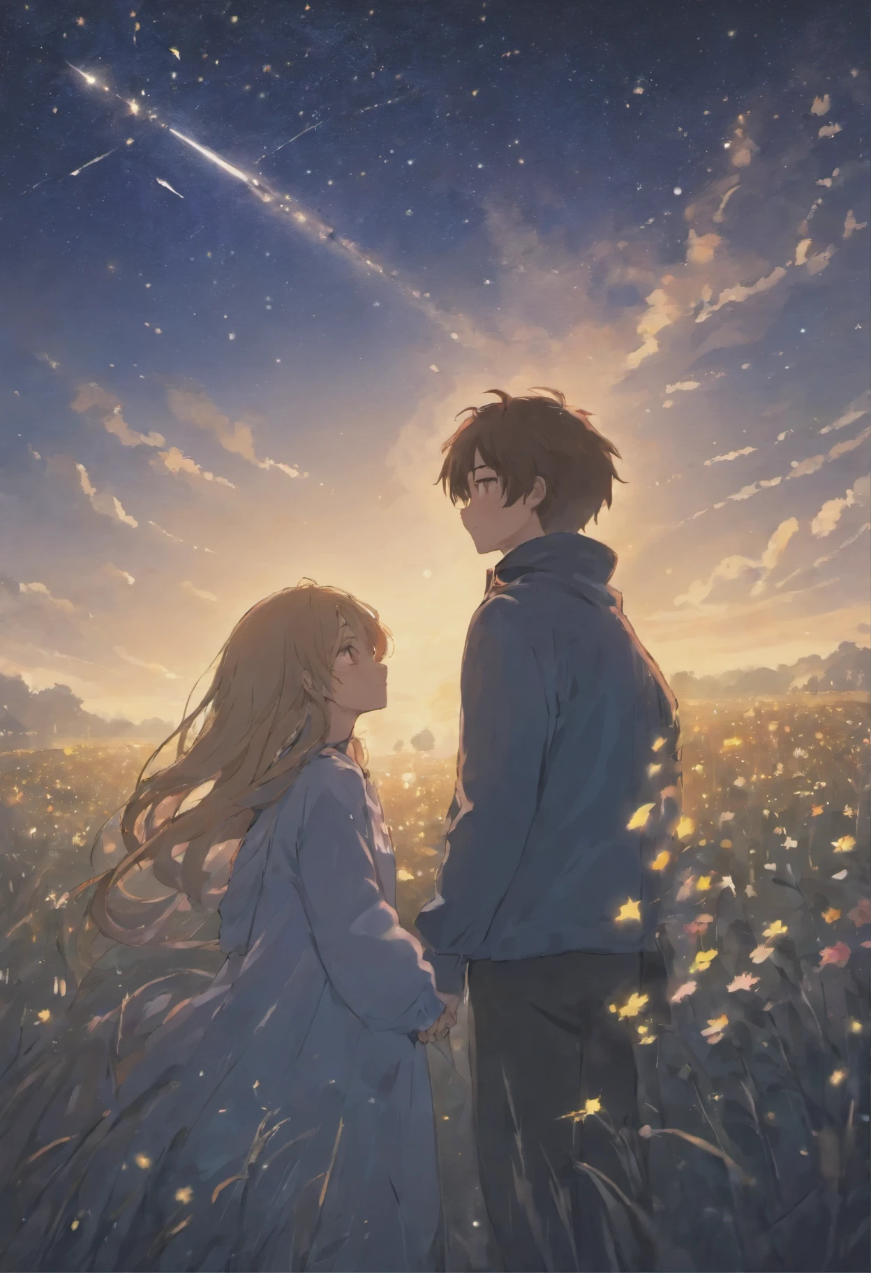 A couple looks at the starry sky. The girl looked at the sky and smiled happily. and the boy looked at the girl gently. Around them are sparkling stars rising.They in a field full of highland flowers,、Looking up at the night sky.、Maybe it's because it's cold., Their breath looks pale white.、The light source is a star in the night sky々Light only、She suddenly turns to him and blushes、A shooting star visible from the position of the head flowed into the night sky.、The area is pitch dark、In the darknesasutepiece、realisitic、Passionate kiss、Highly detailed background，Realistic，ultra-detailliert，super detailed skin，light glow，Film grain，Expro II，Lens Flare，Sharpen，cinematic shadow