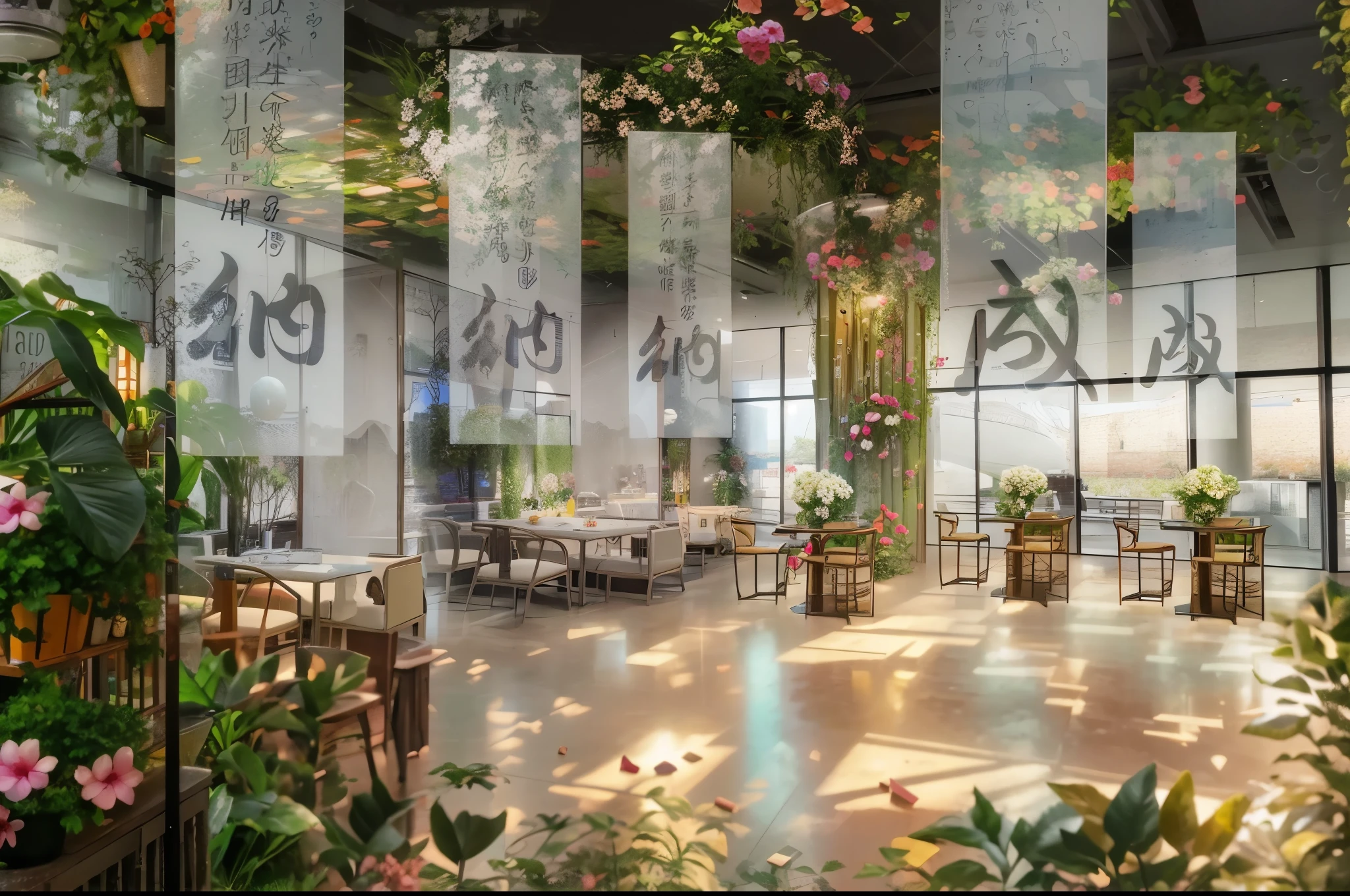 Design restaurant interior rendering, (best quality, high resolution), (bright, vibrant colors), (detailed, realistic), hanging flowers and plants, transparent glass wall, open-air greenery surrounded by dining table, furniture, Chinese furniture, natural light, sunlight, foliage, floral arrangements, warm tones, a style reminiscent of V-Ray's diagonal tracking, ultra-high-definition, epic details
