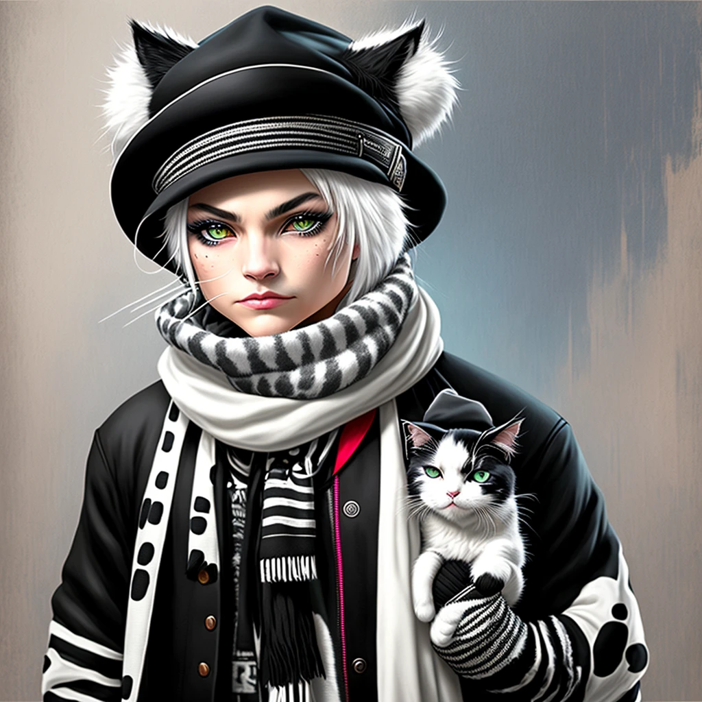 Painting depicting a white black cat in a hat and scarf, Popular at the art station, dressed in punk clothes, Detailed hyper-realistic rendering, british gang member, Street style, intimidating pose, planet of cats, Clothes with fashion, urban samurai, meow , west slavic traits, 8 1 5