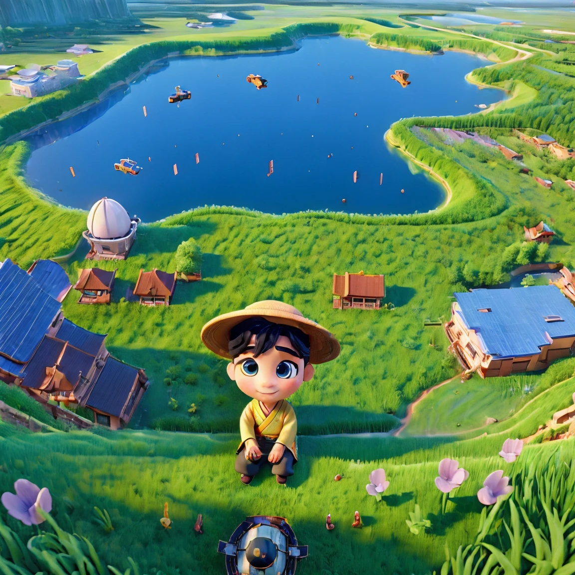 ((satellite image:1.5)),((aerial perspective:1.5)),During the Qingming Festival, a gentle rain, an adorable Chinese boy in light-colored Hanfu and wearing a straw hat is sitting atop a black bull, playing a flute, reminiscent of characters from Pop Mart. They are in a field with a river, grasslands, and distant mountains, under a sky with circling birds, depicting vibrant spring life. The boy is rendered in a Disney Pixar style, with big, watery eyes and vivid colors. The scene uses ray tracing and octane rendering techniques for a wide-angle view, with clay-like textures and dynamic, animated lighting. This 3D artwork is created with C4D, OC rendering, and Blender, showcasing rich details and high quality