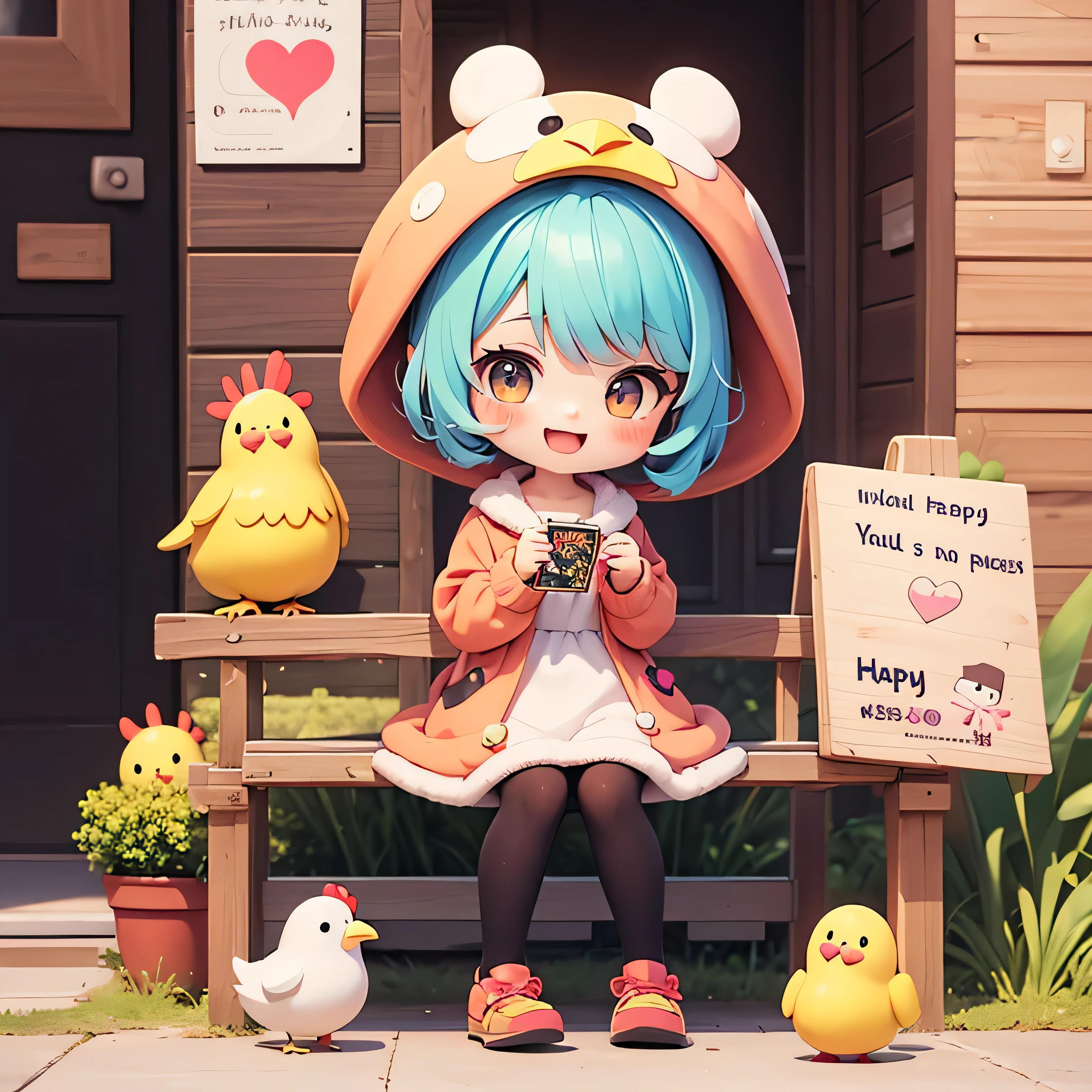 Cartoon holding up a sign saying love  in a chicken costume with a hat and a hand, cute kawaii girl, kawaii chibi, cute art style, cute cartoon character very happy hard, cute character is sitting, Hold the bigest message box that says "Happy"., kawaii cutest sticker ever, cute digital art, chibi girl, cute anime style, cute detailed digital art, anime chibi, cute anime girl, chibi anime girl, ruan cute vtuber, sticker illustration