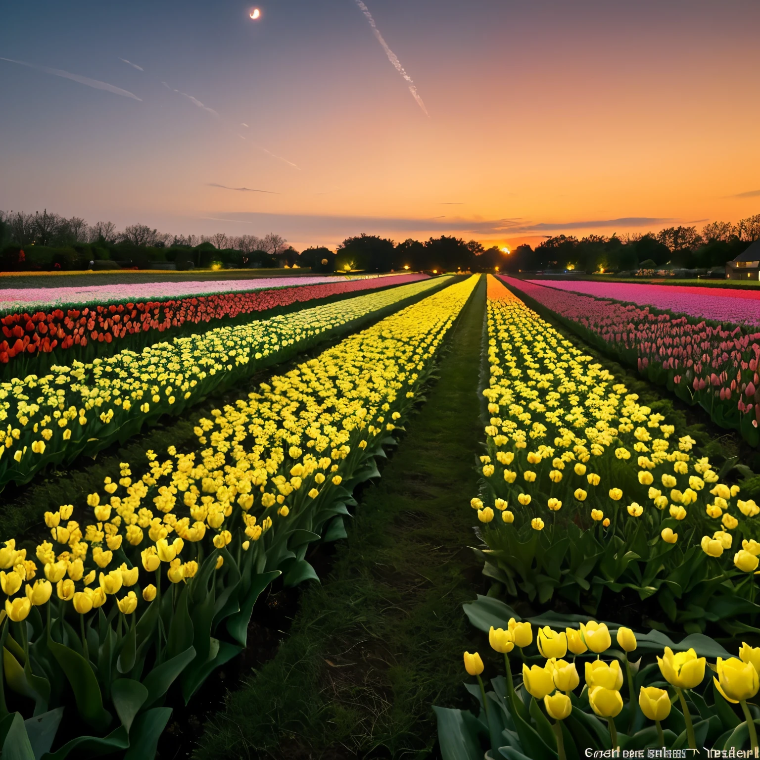 Tulip field in Arafed with full moon in the sky, flower gardens, 夜のおflower garden, with flower gardens as foreground, flower garden, Colorful glow, flower garden, at golden hour, Spring sunrise, Netherlands, lots of colors, floral sunset, breathtaking colors, colorful sunset!!, Lights with blooming flowers, very colorful