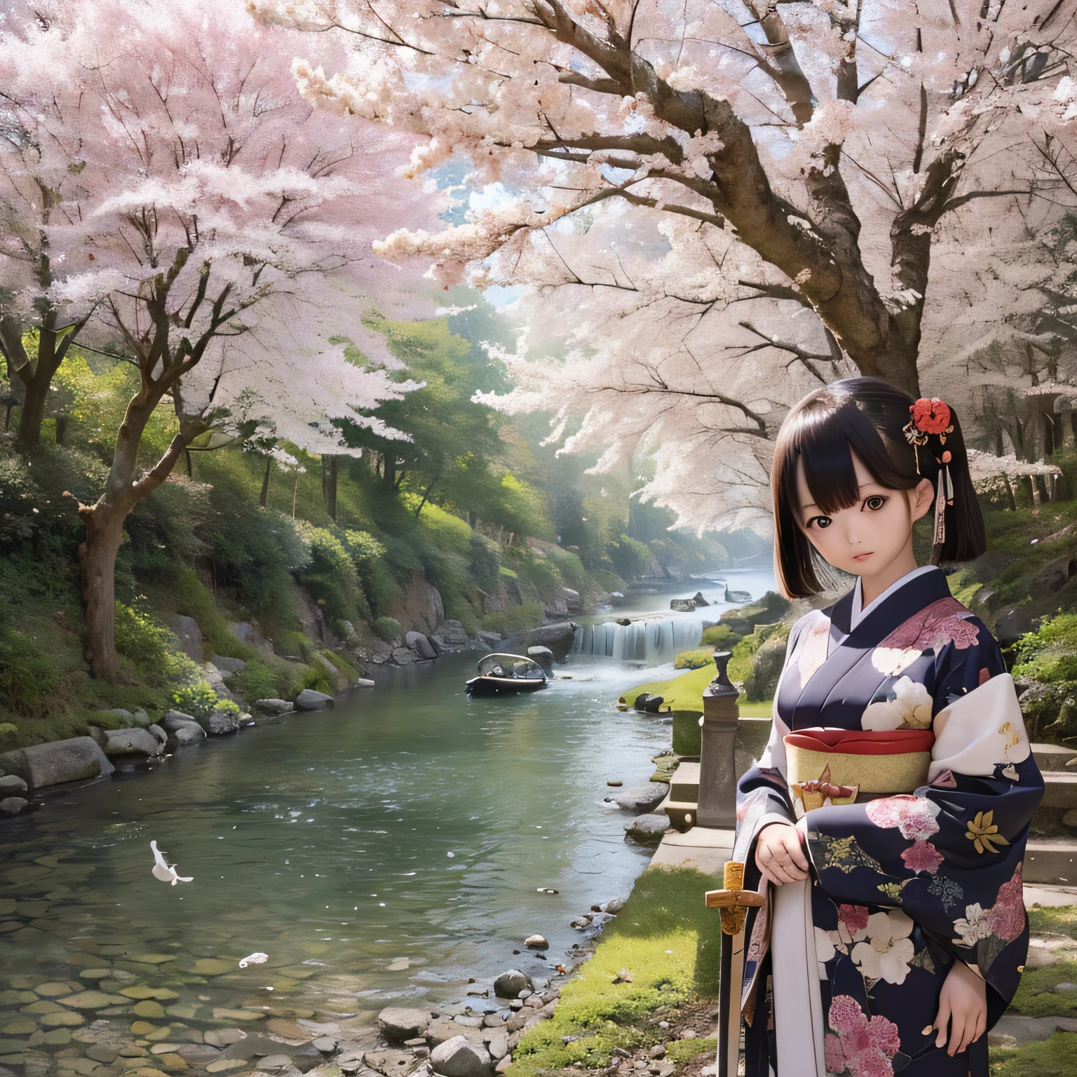 (High resolution, realistic:1.2),(detailed and beautiful eyes,dense and beautiful lips,highly detailed eyes and face,long eyelashes),(rural scenery,calm atmosphere),(Shiba Inu girl:1.1),(soft lighting),(oil painting style),(Lush green fields,Quiet river),(traditional japanese house),(flowing traditional kimono),(colorful flowers),(bird flying in the sky),(bamboo forest),(sunlight filtering through the trees)(((Cherry tree in full bloom)))(((((Hold a Japanese sword))))))(((Sword without sheath)))