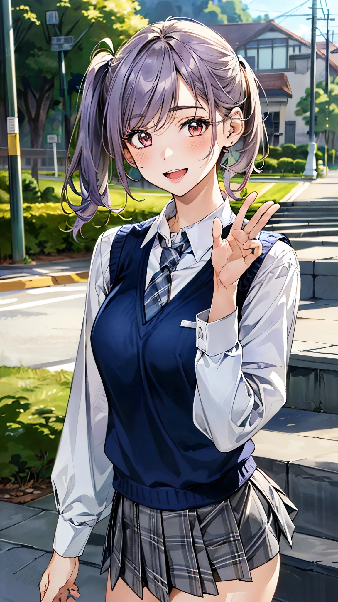 (masterpiece:1.3, top-quality), ultra high res, ultra detailed, (realistic, photorealistic:1.4), beautiful illustration, perfect lighting, colorful, depth of fields, 
looking at viewer, (face focus, upper body), 1 girl, solo, hight school girl, gravure model, (large breasts:0.8, large ass, seductive thighs, skindentation),
(short hair:1.2, twintails:1.2, (light purple hair), swept bangs, (brown) eyes, drooping eyes, big eyes, shiny skin, slender, tiny, 
beautiful hair, beautiful face, extremely detailed face, beautiful detailed eyes, beautiful clavicle, beautiful body, beautiful chest, beautiful thigh, beautiful legs, beautiful fingers, 
(detailed cloth texture, (navy knit vest), grey plaid tie, collared long sleeve white shirt, grey plaid pleated skirt), black socks, white panties, 
(beautiful scenery), morning, (outside school), standing, (waving at viewer), (seductive smile, open mouth small), 