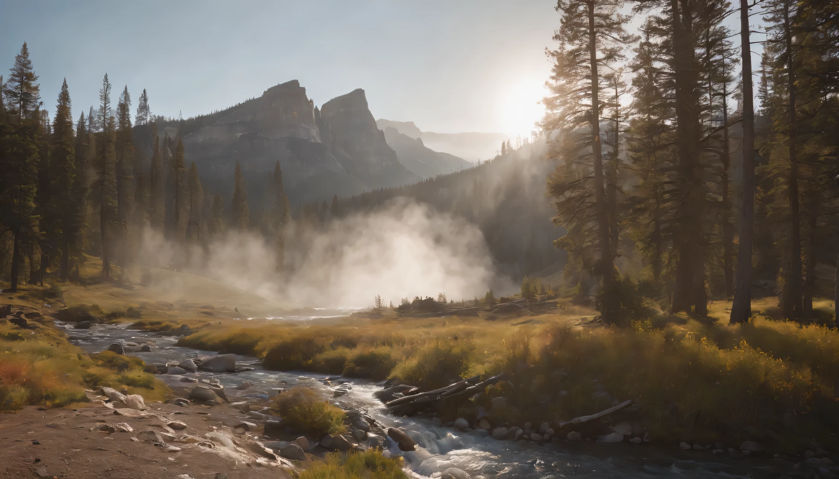 (Highly detailed CG Unity 8k wallpaper、masterpiece、highest quality、Super detailed)、(best lighting、best shadow、very delicate and beautiful)、highest quality、8k、Detailed facial depiction、masterpiece、highest quality、clear image quality、
Geyser and canyon landscape in Yellowstone National Park。