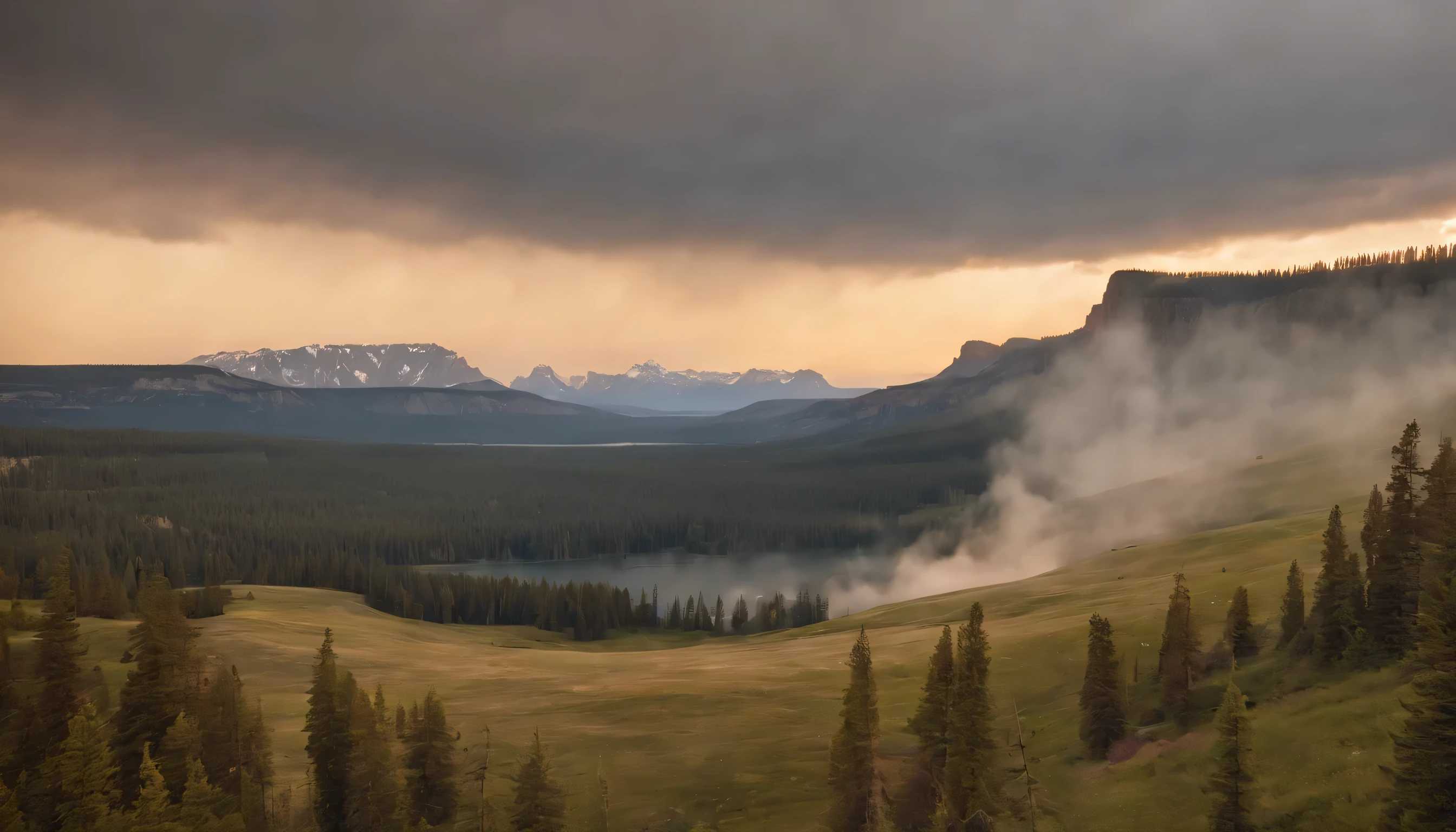 (Highly detailed CG Unity 8k wallpaper、masterpiece、highest quality、Super detailed)、(best lighting、best shadow、very delicate and beautiful)、highest quality、8k、Detailed facial depiction、masterpiece、highest quality、clear image quality、
Geyser and canyon landscape in Yellowstone National Park。