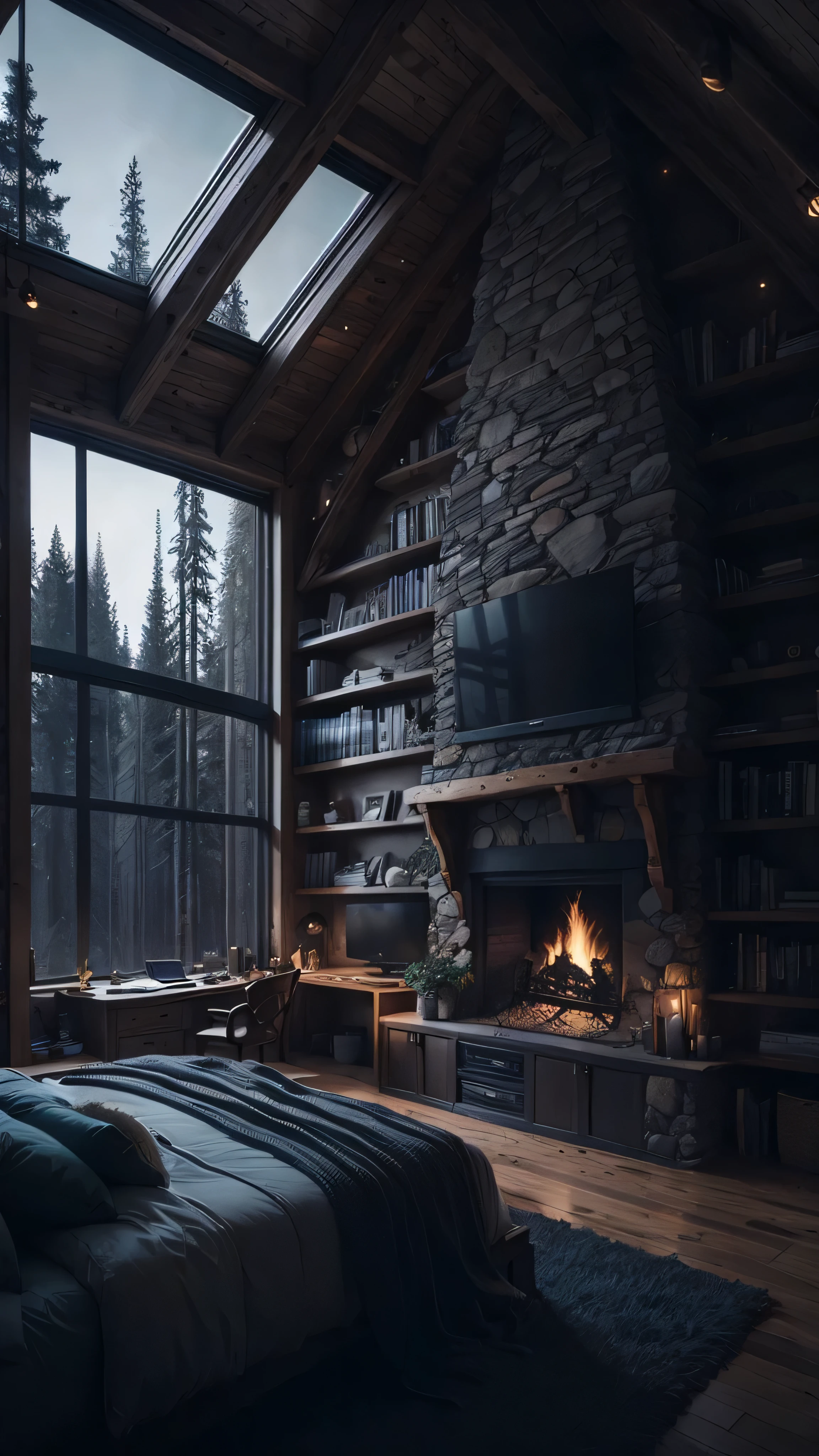 arafed bedroom with a fireplace and a large window overlooking the woods, cozy place, cozy room, cozy environment, cozy atmospheric, cozy and calm, cozy and peaceful atmosphere, cozy wallpaper, cozy setting, cosy vibes, cosy atmoshpere, cozy atmosphere, very cozy, cozy vibe, cozy living room, daily render, moody cinematic atmosphere, heavy winter aesthetics