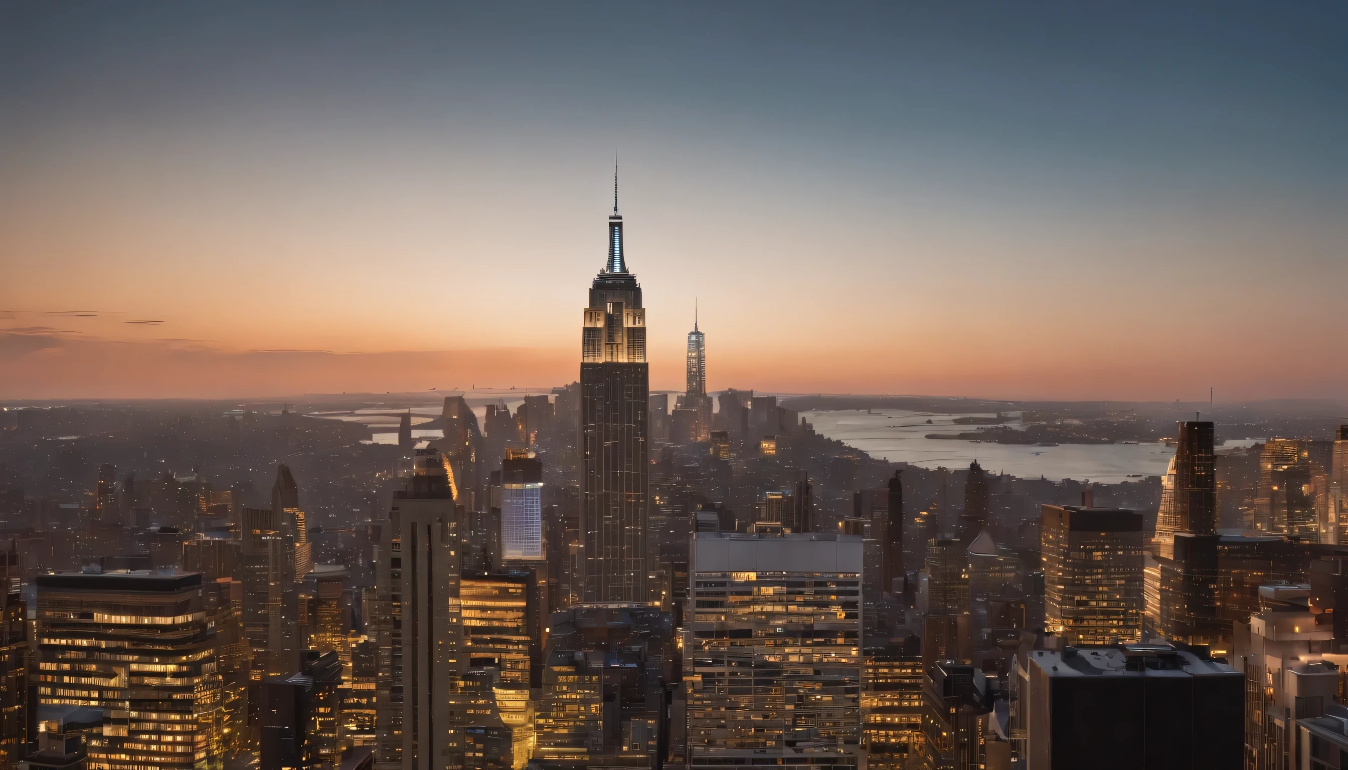 (Highly detailed CG Unity 8k wallpaper、masterpiece、highest quality、Super detailed)、(best lighting、best shadow、very delicate and beautiful)、highest quality、8k、Detailed facial depiction、masterpiece、highest quality、clear image quality、
Manhattan skyscrapers landscape in New York City。