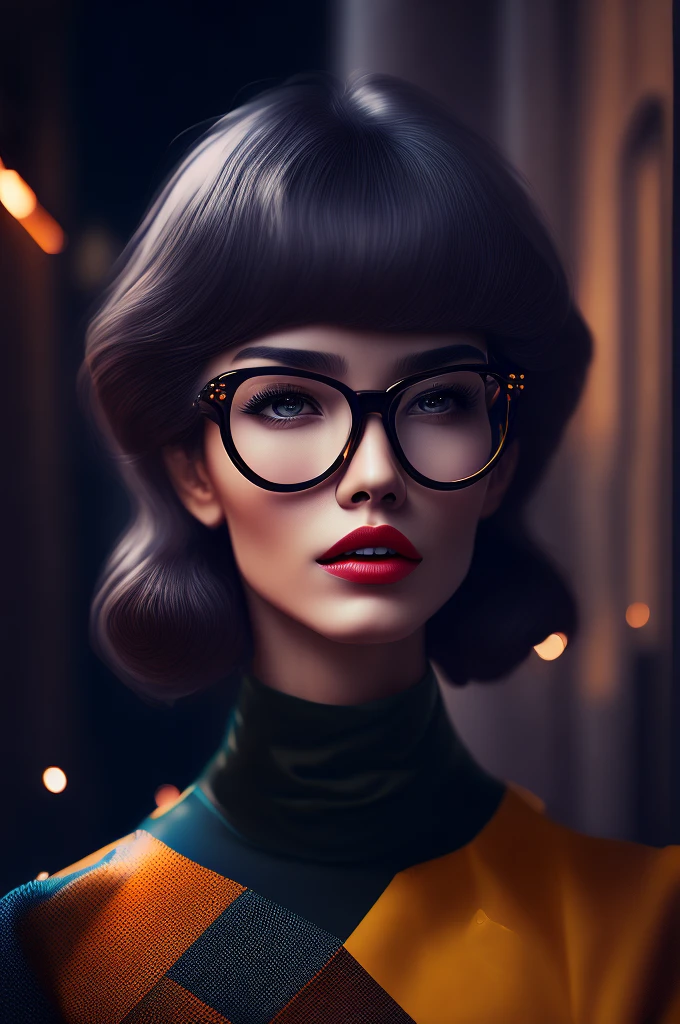 (retrato fashionista REALISTA, uma mulher francesa, mais velha, idosa, rosto europeu, imagem rica em detalhes, with yellow glasses, 1950s with intricate colorful, modern vintage glasses), uma pintura fotorrealista de Derek Zabrocki, cabelo com flores colorful, expression would be, (fotografia digital extremamente detalhada: 1.2), Standing in the middle of the city, (((corpo inteiro))), imagem crua,, Hasselblad, 50asa, f8, 12 millimeters, efeitos de brilho, Raios de Deus, handdrawn, prestar, 8k, octan render, Cinema 4D, liquidificador, Escuro, atmospheric 4k ultra detailed, cinematic sensual, sharp focus, Very serious illustration great depth of field, obra-prima, cores, 3d octane render, 4k, arte conceitual, trending in the artstation, hiper realista, cores vivas, Anel luminoso, extremamente detalhado CG unidade de papel de parede 8k, trending in artstation, trend in CGSociety, estilo Pop Art por Yayoi Kusama, intrincado, alto detalhe, Dramatic , energia pura, light particles, scientific fiction