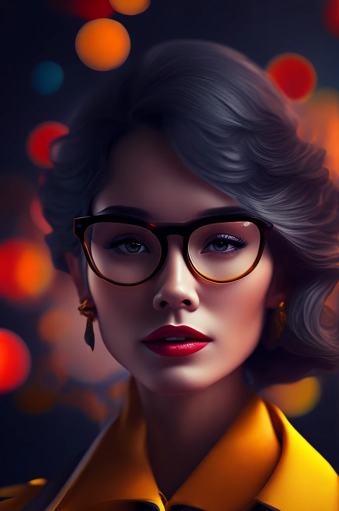 (retrato fashionista REALISTA, uma mulher francesa, mais velha, idosa, rosto europeu, imagem rica em detalhes, with yellow glasses, 1950s with intricate colorful, modern vintage glasses), uma pintura fotorrealista de Derek Zabrocki, cabelo com flores colorful, expression would be, (fotografia digital extremamente detalhada: 1.2), Standing in the middle of the city, (((corpo inteiro))), imagem crua,, Hasselblad, 50asa, f8, 12 millimeters, efeitos de brilho, Raios de Deus, handdrawn, prestar, 8k, octan render, Cinema 4D, liquidificador, Escuro, atmospheric 4k ultra detailed, cinematic sensual, sharp focus, Very serious illustration great depth of field, obra-prima, cores, 3d octane render, 4k, arte conceitual, trending in the artstation, hiper realista, cores vivas, Anel luminoso, extremamente detalhado CG unidade de papel de parede 8k, trending in artstation, trend in CGSociety, estilo Pop Art por Yayoi Kusama, intrincado, alto detalhe, Dramatic , energia pura, light particles, scientific fiction