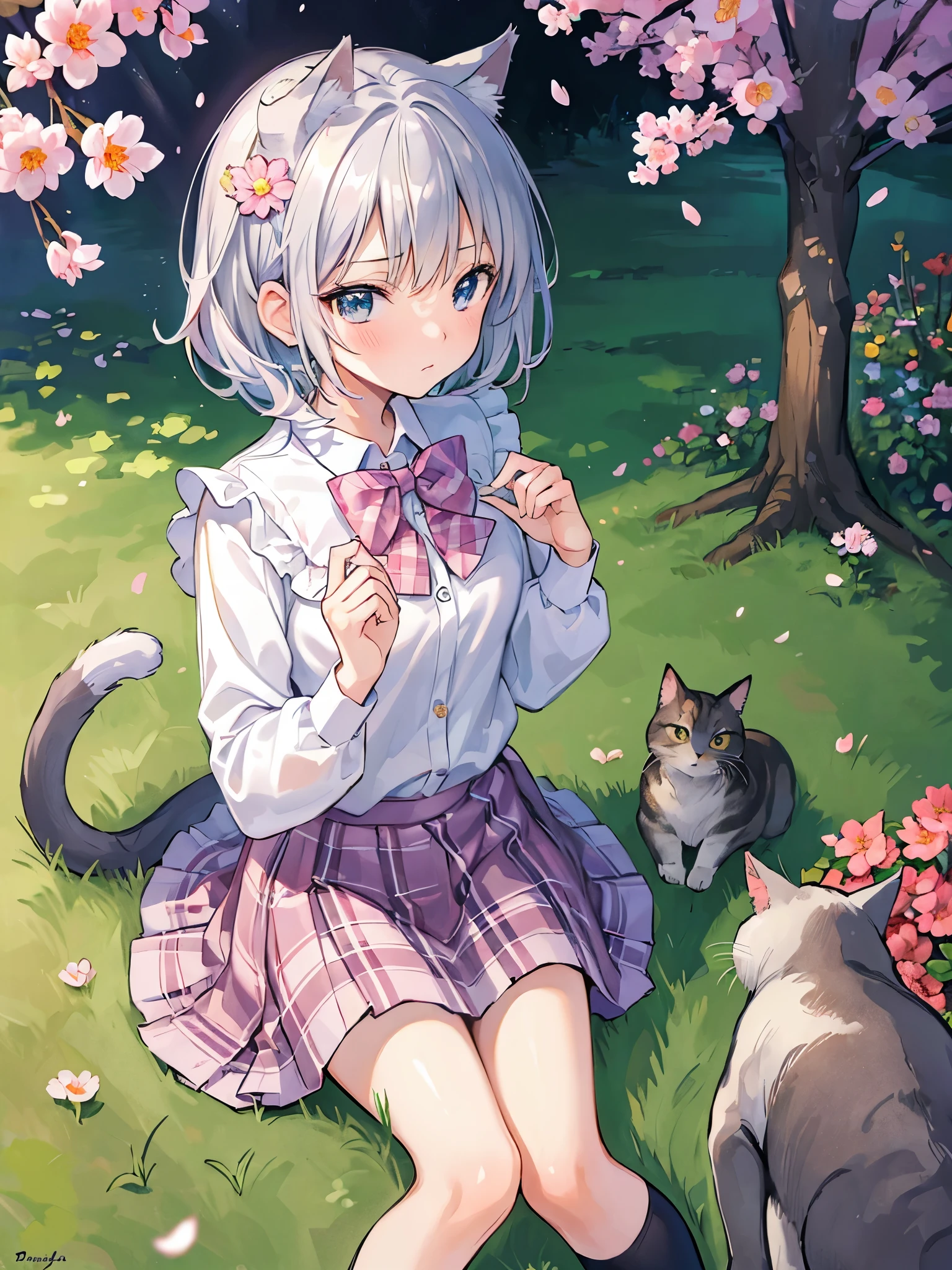 ((masterpiece)), (highest quality), (super detailed), (beautiful illustrations), outdoors, flower garden, cherry blossoms, tsutsukakushi tsukiko,gray hair,short hair,aqua eye,side ponytail,school uniform,white shirt,Pink plaid skirt,black legwear, alone, Cat_ear, blush, kneel down, From above, face focus, close up of face, Cat_hand_Pause, poker face,