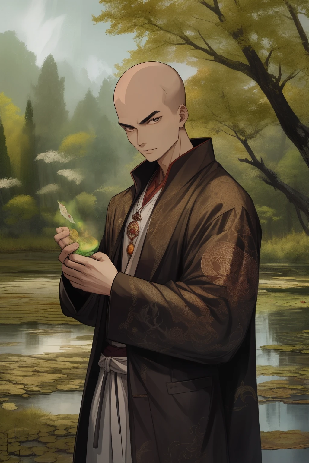Help me generate a Taoist priest with a serene expression and shaven head, wearing a traditional long robe with intricate patterns and flowing sleeves. His piercing black eyes, framed by long, bushy eyebrows, radiate wisdom and inner peace. He carries an incense burner in one hand and a jade pendant in the other, symbolizing his spiritual connection to the Tao. His attire is adorned with vibrant auspicious colors, adding to his mystical aura. The image is captured in high resolution, bringing out the intricate details of his clothing and the tranquil atmosphere around him. The background is a beautifully painted countryside scene, with tall trees and a calm pond