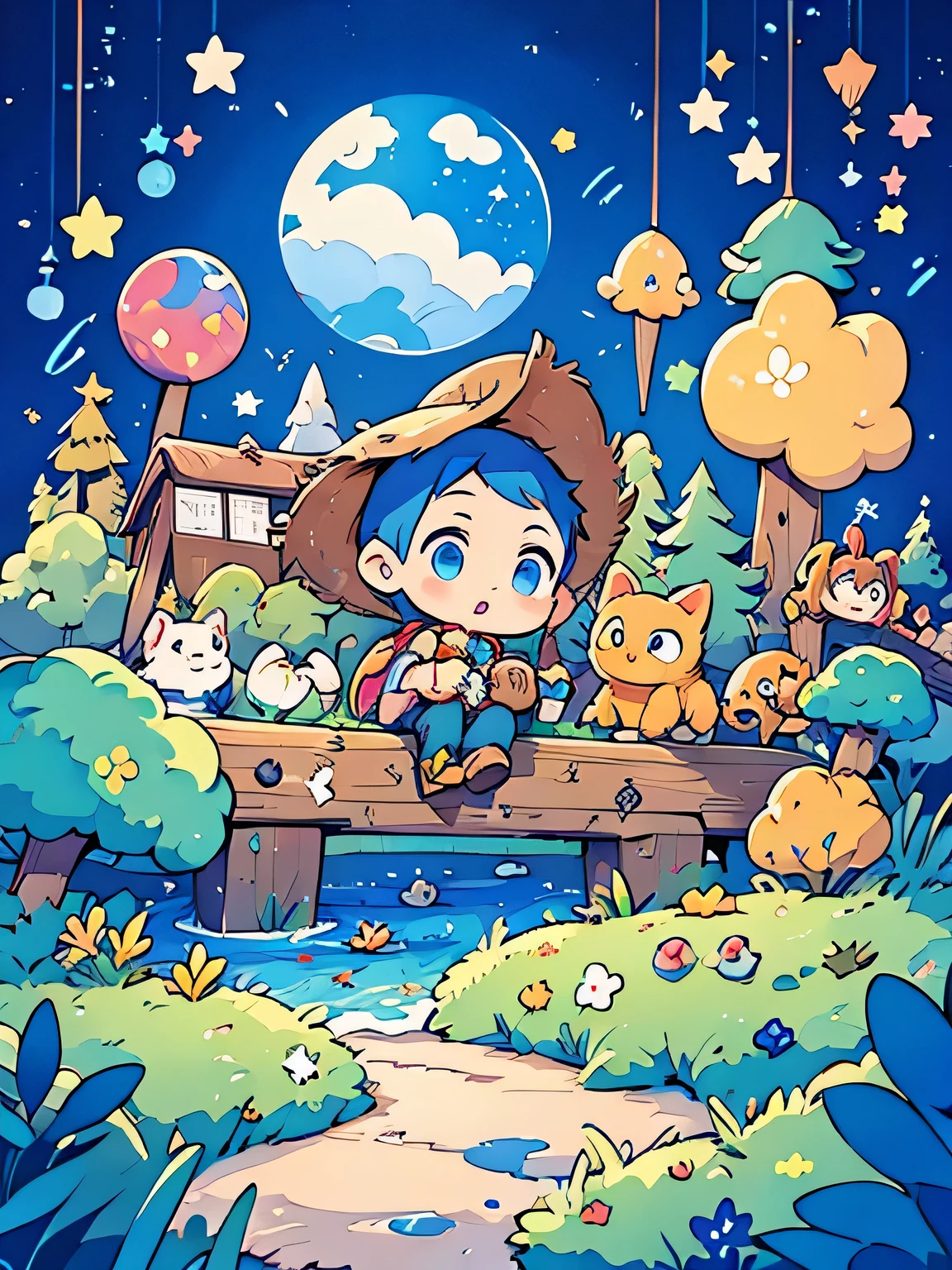 The cover design is a guy with blue hair、Curious big-eyed -year-boy ahis dream cat in the magical world of dreams, Surrounded by colorful stars, moon, and the happy elves, rainbow kingdom landscape,Rainbow bridge and dreamy clouds, whimsical,