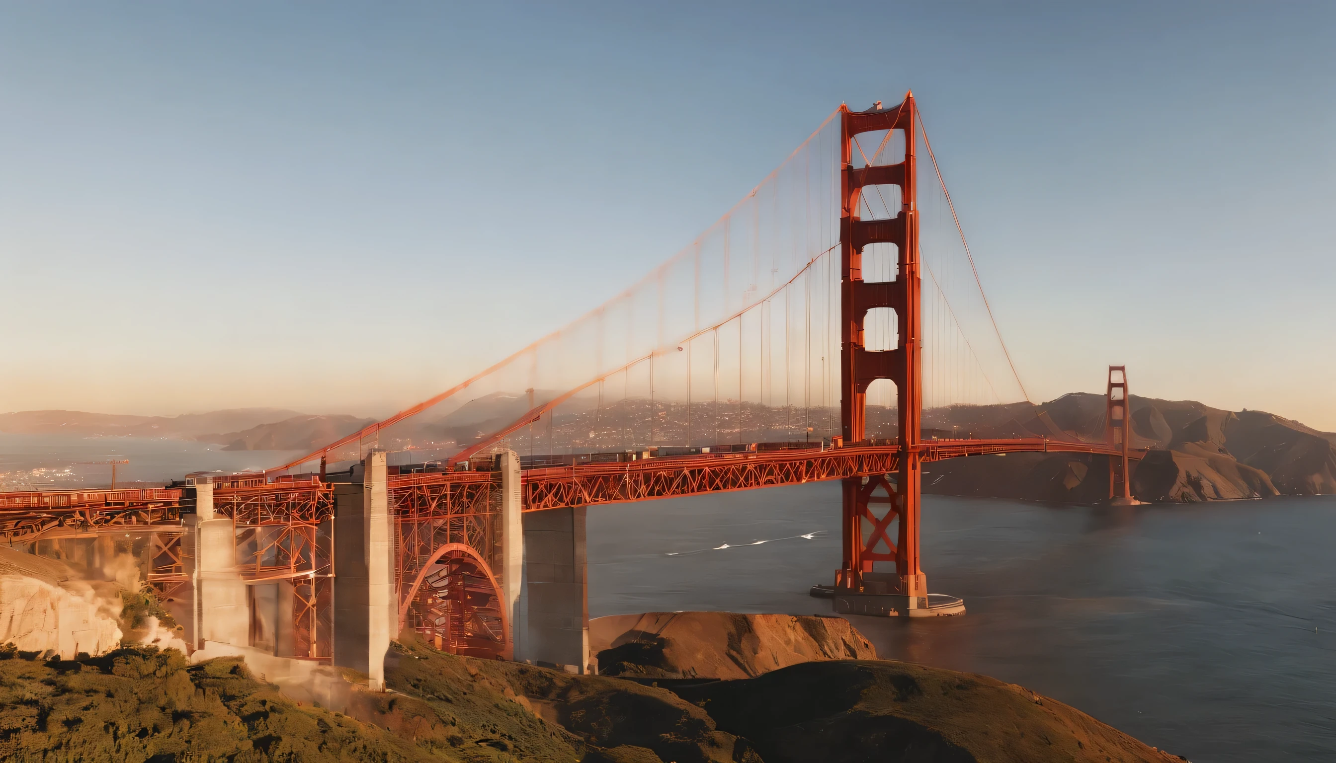 (Highly detailed CG Unity 8k wallpaper、masterpiece、highest quality、Super detailed)、(best lighting、best shadow、very delicate and beautiful)、highest quality、8k、Detailed facial depiction、masterpiece、highest quality、clear image quality、
Scenery of the Golden Gate Bridge in San Francisco。