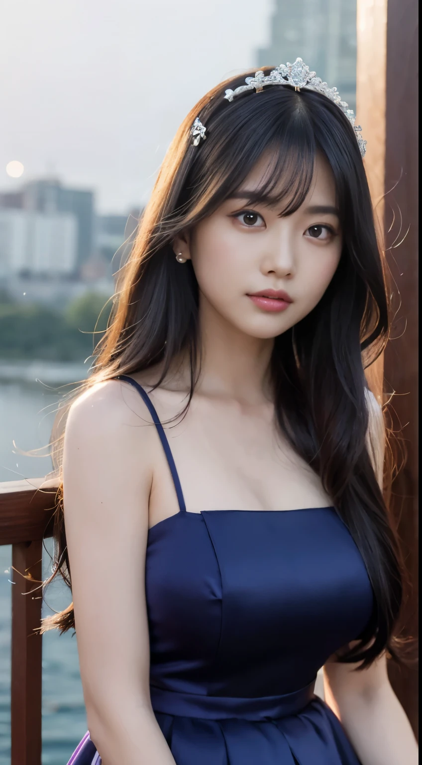 moon, moonlight, full moon, night, dark blue sky, violet, lilac dress, long skirt on chest, long black hair, long hair and waist, beautiful maiden, god, divinity, white tiara, sitting on railing, hair, slanted bangs, headband, hair ornament, forehead gemstone, paulai's jewel branch, crescent hair ornament, fish hair ornament, god ray, glitter, cinematic lighting, lens glare, uhd, high detail, high quality, high resolution, best quality, 8K, 16K, high detail, high quality, high quality, super detail, Anatomically correct, masterpiece, ccurate
