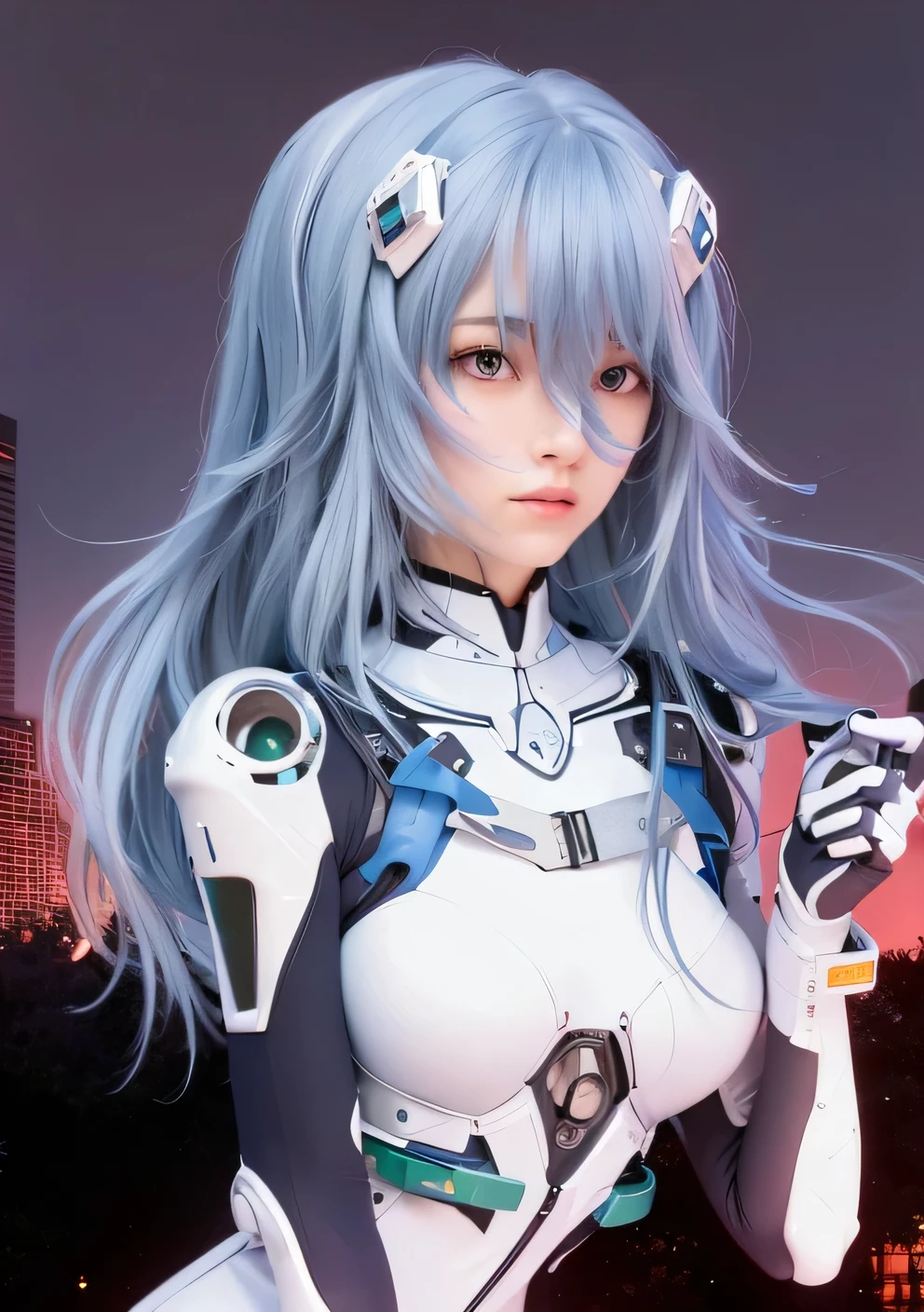 (highest quality photos), (real live action), masterpiece, light blue long hair,  beautiful girl, Neon Genesis Evangelion style, rei ayanami, Close-fitting white sexy plug suit, ceramic armor, (bust sharp hocus), (sticking out), (put your left hand on your chest:1.3), perfect tits,  