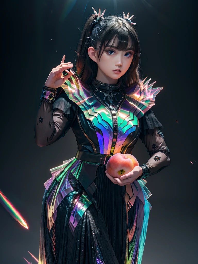 a girl in black and red dress, from above, (((flying))), (((holding peach))), giant peach in the background, finest image, (8k, RAW photo, realistic), beautiful devil queen, condescending gaze, blue shining sharp slit eyes, long eyelashes, double eyelids, crimson alluring moist big thick lips, (((long dress))) perfect proportion, ((iridescent big rainbow-colored wings)), has a fireball, blurry background fantasy, galaxy, (iridescent light particleire-element-in hands:1.4) iridescent lines, rainbow-colored neon lights, detailed and delicate depiction, professional lighting, ultra high res,photorealistic:.1.4,uhd, (perfect_fingers:1.0), (perfect_legs:1.0), better_hands, More_Detail, yui, (((long sleeves)))