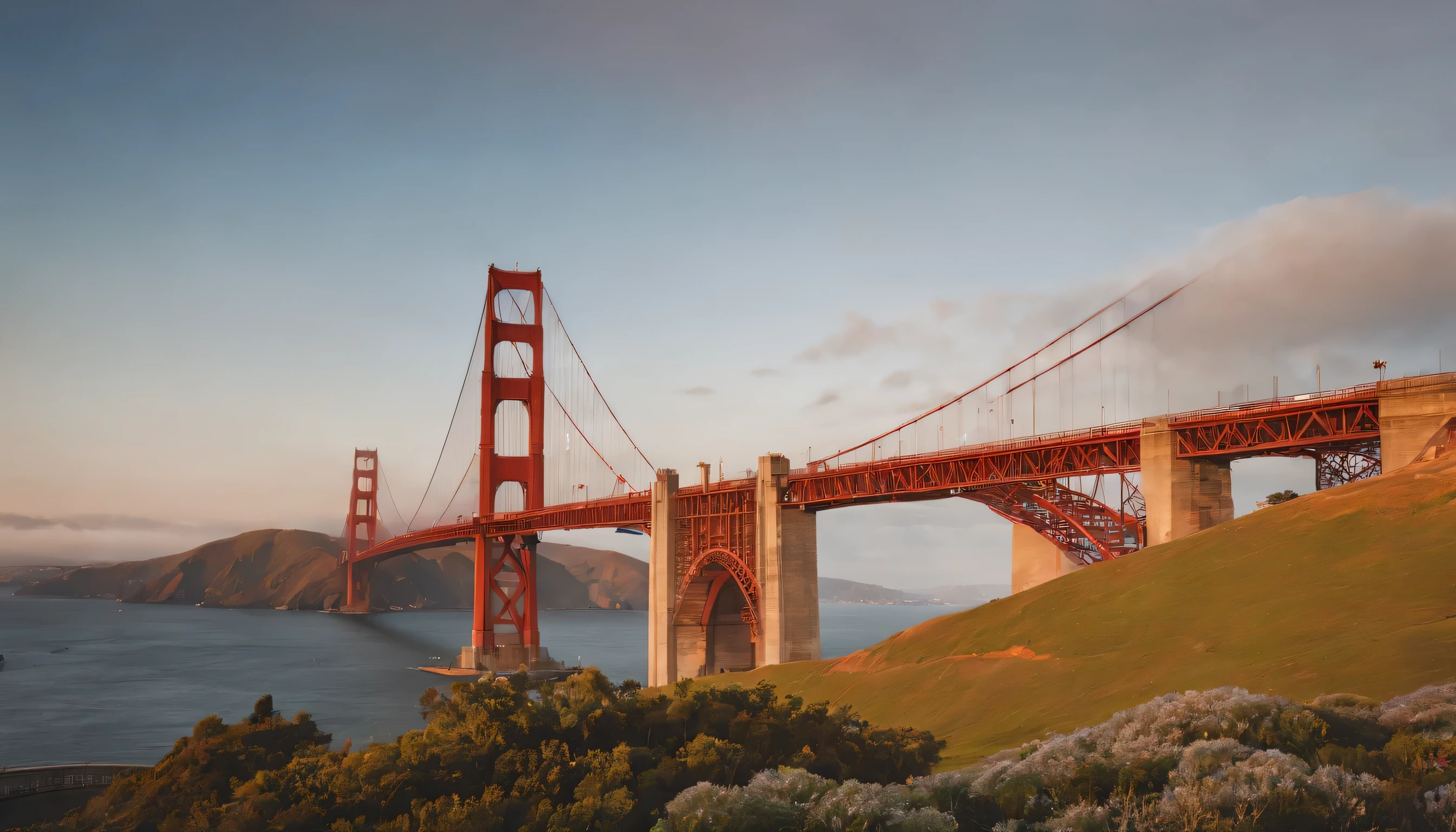 (Highly detailed CG Unity 8k wallpaper、masterpiece、highest quality、Super detailed)、(best lighting、best shadow、very delicate and beautiful)、highest quality、8k、Detailed facial depiction、masterpiece、highest quality、clear image quality、
Scenery of the Golden Gate Bridge in San Francisco。