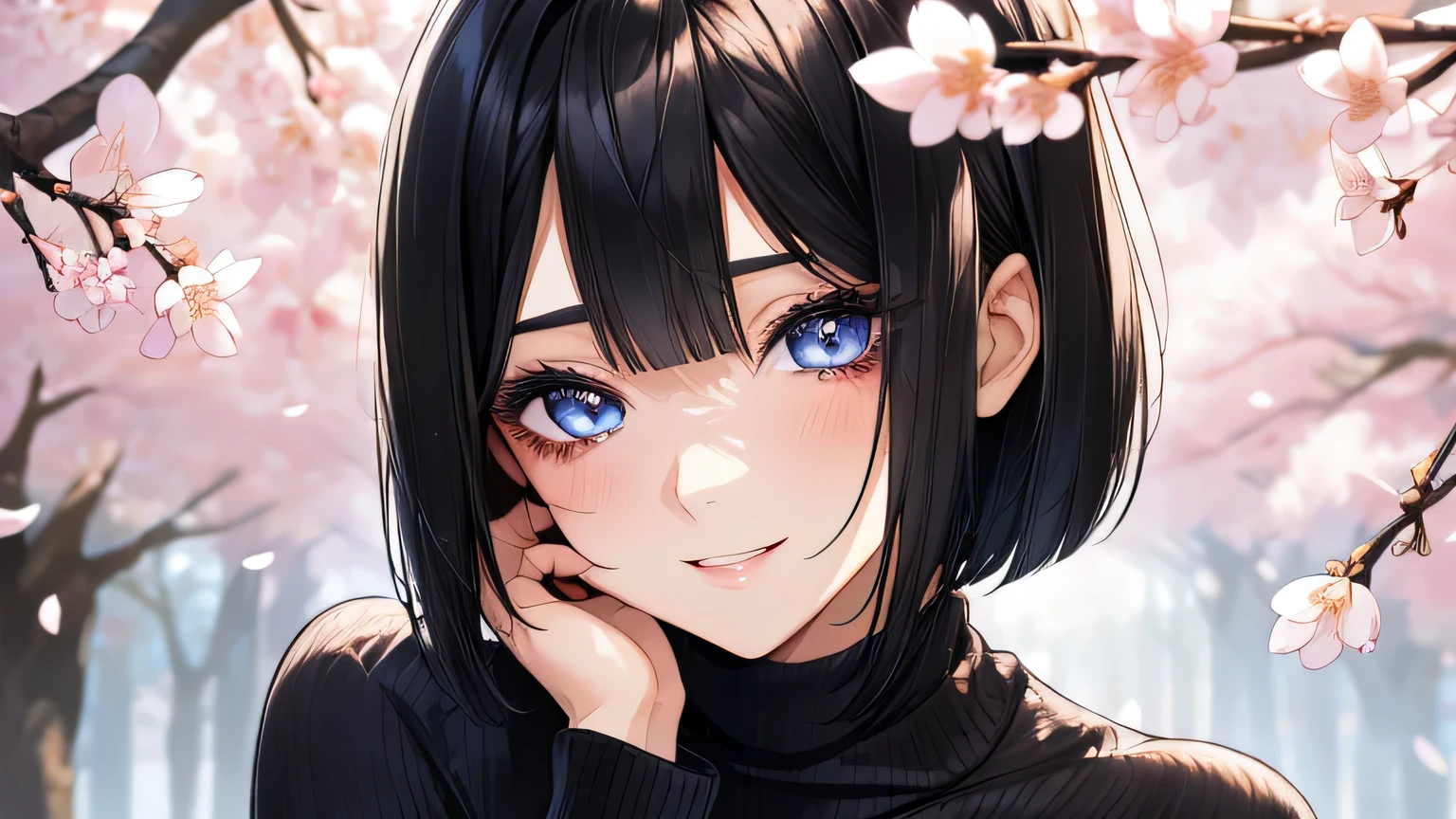 1 female、28 years old、Adult and realistic face、long face、beautiful hair, black hair、shortcut、bob cut、fine and beautiful eyes、big slanted eyes,　black mascara、 Are you okay、Plenty of gentle flavor、big smile、light blue knit sweater、look at the cherry blossoms
