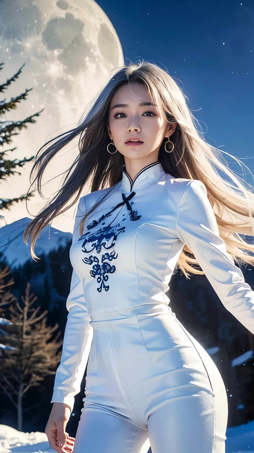 (logo, masterpiece, 8k, table top, RAW photo, wonderful, 最high quality, Photorealistic and hvery detailed CG integrated 8k wallpaper, high quality, very detailed, Narrative poem, particle effects, dynamic effects, written boundary depth, cinematic light, Lens flare, ray tracing, anatomically accurate)), fantasy, 1 beautiful woman, silver hair, clear eyes, long silver hair, beautiful face, real face, beautiful detailed eyes, beautiful skin, Long hair fluttering in the wind, long hair bounces, long hair dancing in the wind, hair jump, jewelry, hip up, beautiful eyes, long hair halter, white leather pants, white leather jacket, silver earrings, silver earrings, night, Wind, bluish full moon, night sky, beautiful background, ancient wind, Xianxia, Auspicious cloud, snow and hoarfrost, very cold winter day, snow-capped mountainや森, hoarfrost, snow-capped mountain々, The beauty and brilliance of frost-covered trees, The tranquility and beauty of a world of ice and snow, tattoo, Hanfu, chinese fairy, taoist uniform
