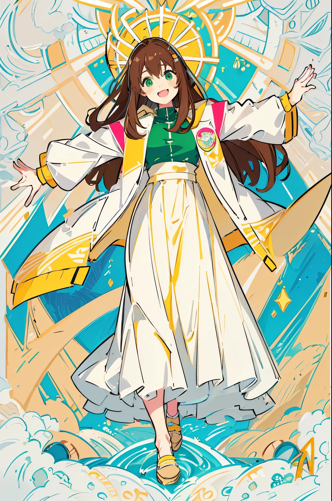 4K wallpaper、(highest quality)(flat color:0.9)、illustration、(colorful background)、Super detailed、masterpiece、Neon Art、1 girl、smile、detailed eyes、long hair、brown hair、beige clothes、open jacket、raising both arms、long skirt、big breasts、leaning forward、white、yellow green