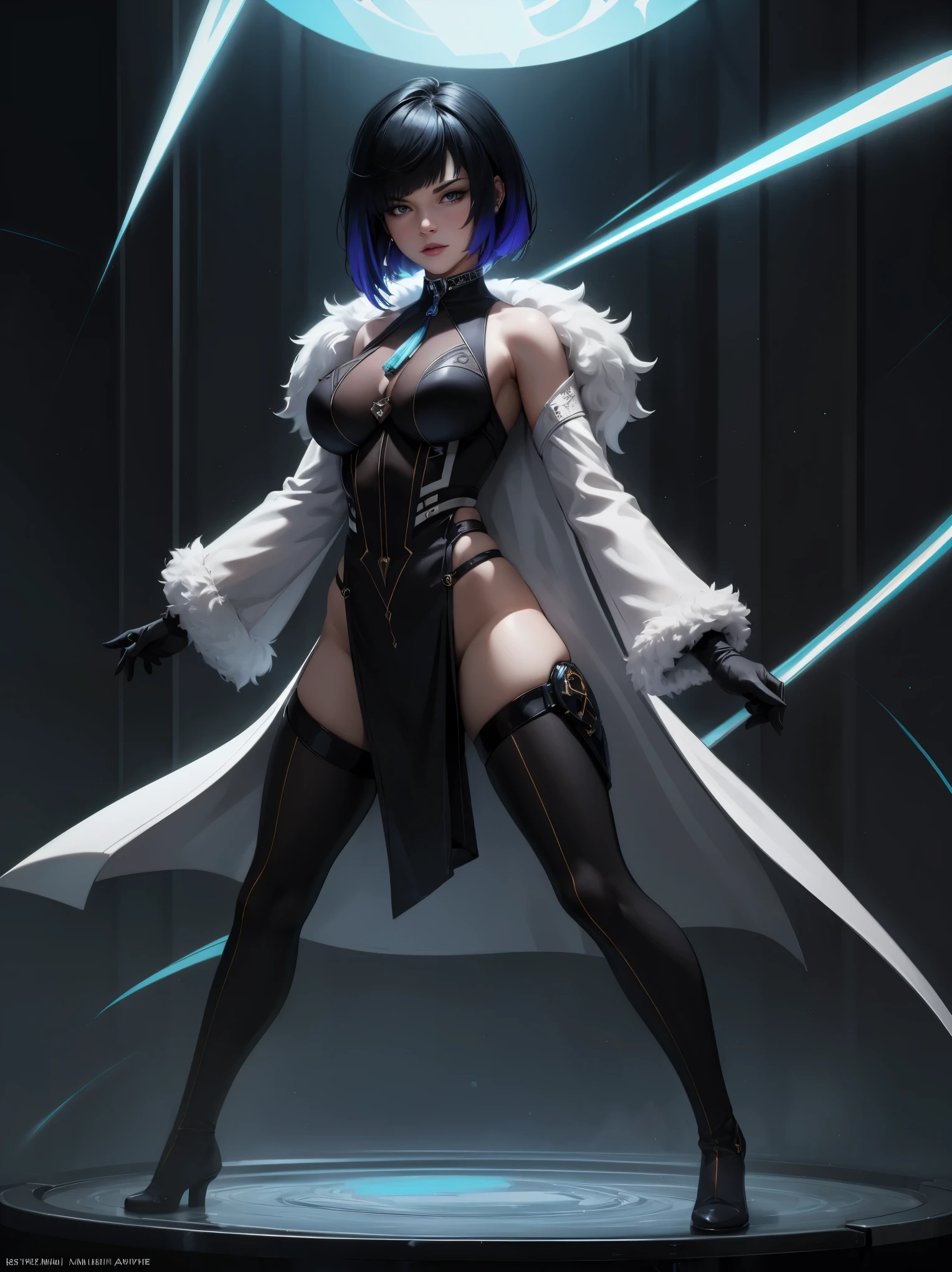 light particles, piercing glare, vibrant, (((colourful))), color, (glowing, glow), reflection light, depth of field, from behind, multiple views, delicated best quality, (((masterpiece))), ((best quality)), ((ultra-detailed)), (CG illustration), (an extremely devious and beautiful)), cinematic light, ((1 mechanical girl)), (black hair), (short hair), (absurdly large silver robe), single, full, ((combat stance)), expressionless, (character focus), glow, (full shoot body:1.1), (magazine cover), perfect eyes