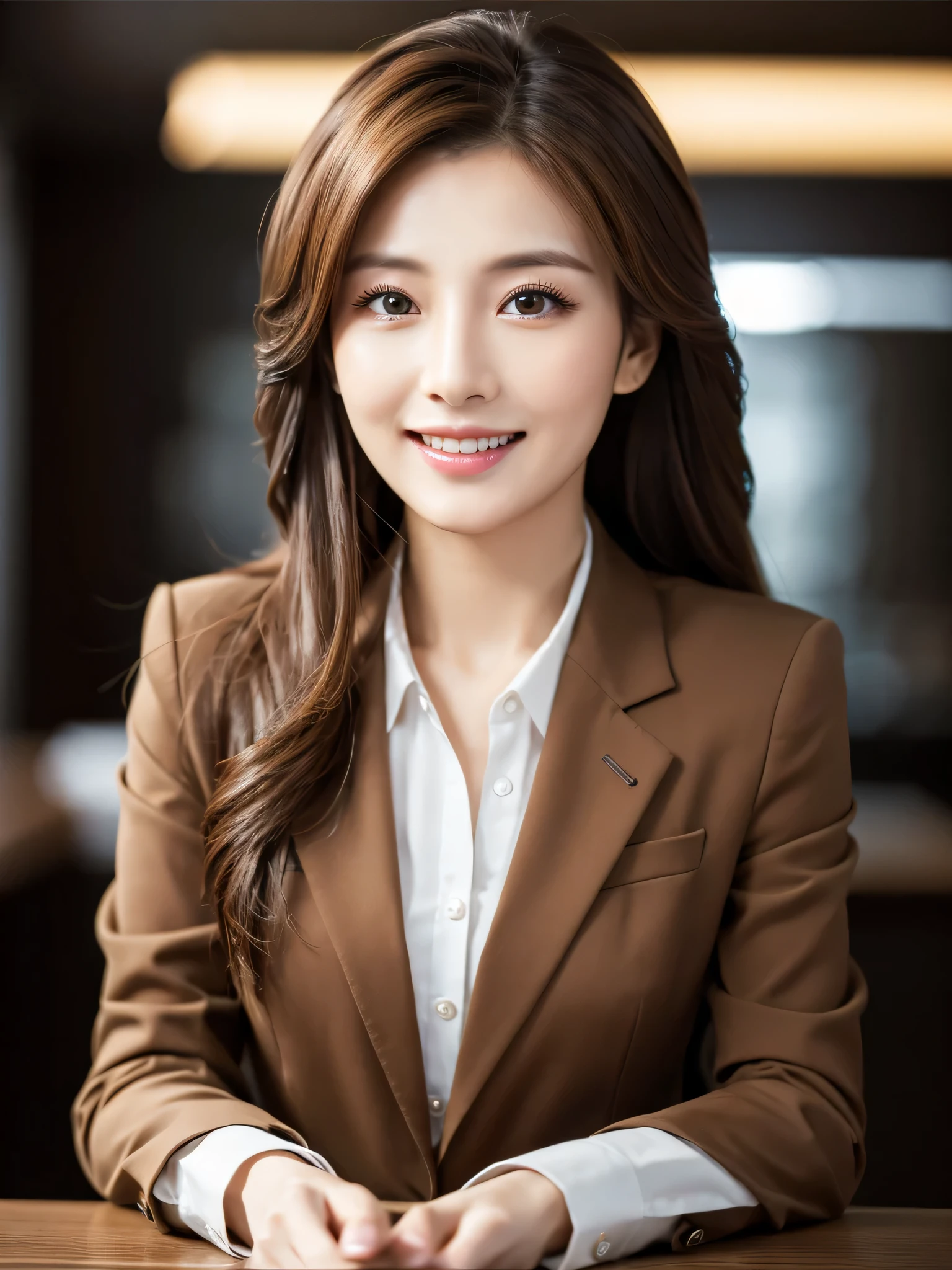 table top、highest quality、genuine、Super detailed、finely、High resolution、8k wallpaper、one beautiful woman、、、light brown disheveled hair、wearing a business suit、sharp focus、perfect dynamic composition、beautiful and detailed eyes、thin hair、Detailed genuine skin texture、smile、close-up portrait、model body shape