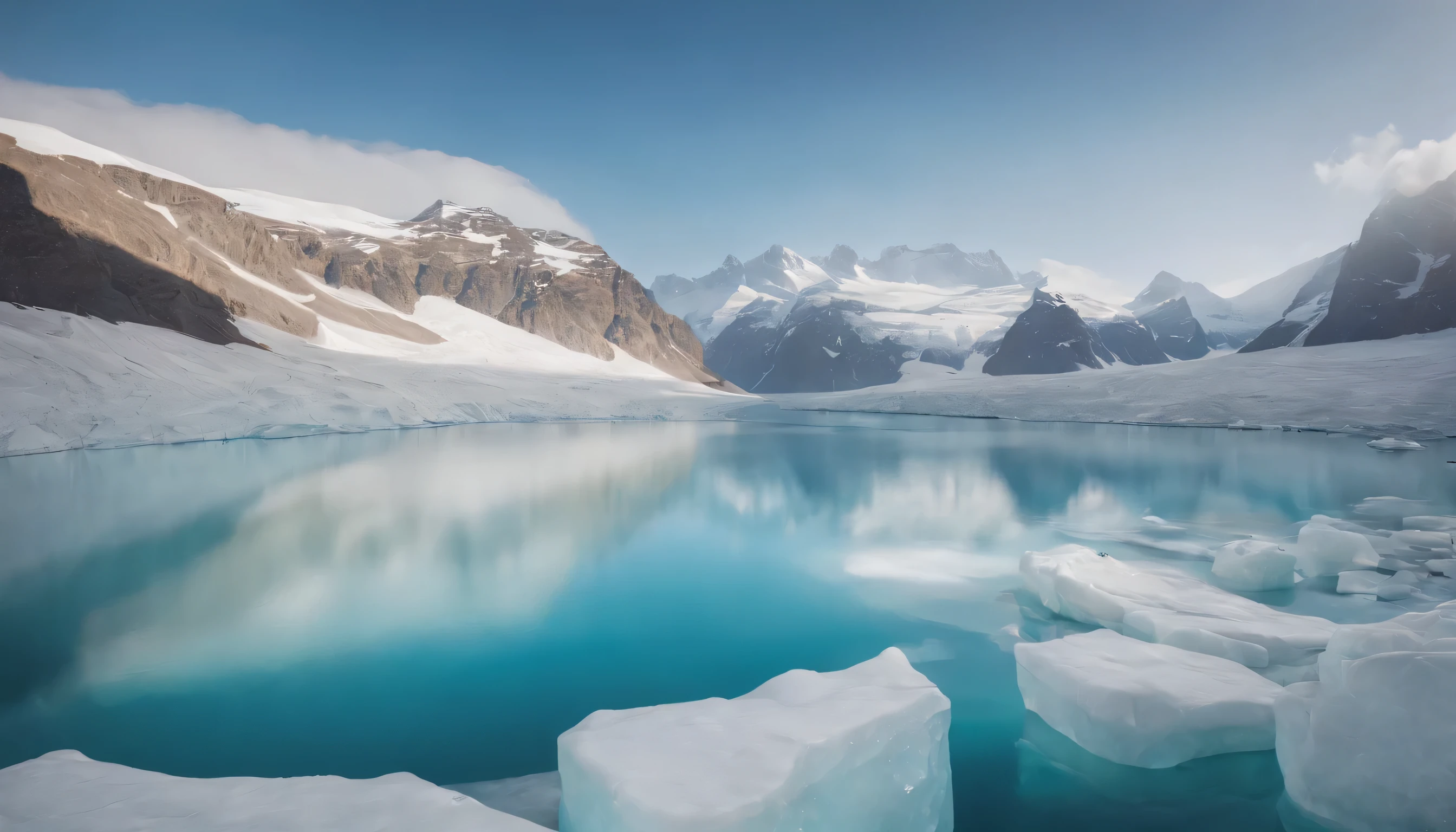 (Highly detailed CG Unity 8k wallpaper、masterpiece、highest quality、Super detailed)、(best lighting、best shadow、very delicate and beautiful)、highest quality、8k、Detailed facial depiction、masterpiece、highest quality、clear image quality、
Greenland glacial lake ice and iceberg landscape。