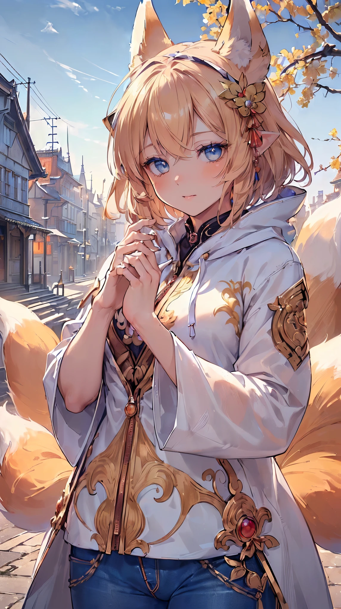 (((masterpiece))), (((highest quality))), ((ultra-detailed)), ((super fine illustration)), ((ultra-fine painting)), (16K highest quality wallpaper:1.4), (upper body:1.4), HDR, (Highly detailed and delicate illustration style:1.8), detailed skin texture, detailed cloth texture, extreme detailed description, (T-masterpiece), (Highly detailed face:1.2), (highly detailed fox ears:1.2), (highly detailed shiny golden brown medium short hair:1.2), (highly detailed beautiful blue eyes:1.2), (highly detailed nine tails:1.2), Original, RAW photo, Professional, intricate details, super details, direct light:1.6, (Perfect anatomy:1.4), (highly detailed hands:1.2), (highly detailed fingers:1.2), (highly detailed fingertips:1.2), (22-years-old), real, (solo:1.6), (A mysterious and sacred fox women with nine tails and eyes who is an idol, messenger of the gods, and a shrine maiden:1.4) BRAKE (beautiful and adorable fox ears:1.6), (highly detailed and delicate fox ears:1.2), (beautiful and adorable fox nine tails:1.2), (highly detailed and delicate fox nine tails:1.2), (beautiful and well-shaped big breasts:1.2), (beautiful and well-shaped buttocks), (beautiful and shiny golden brown medium short hair:1.4), (highly detailed and delicate golden brown medium short hair:1.2), (beautiful clear blue eyes that shine with great detail:1.6), (highly detailed and delicate blue eyes:1.2), (Highly detailed face:1.4), (smile:1.3), (blush:1.2), (looking at viewer:1.4) BRAKE (Zip up hoodie:1.4), (collared shirt:1.4), (Jeans:1.4) BRAKE (Highly detailed and beautiful streets of European capitals in the background just after noon in early spring:1.6), (Just after noon:1.4), Very detailed and delicate streets of European capitals:1.2 BRAKE