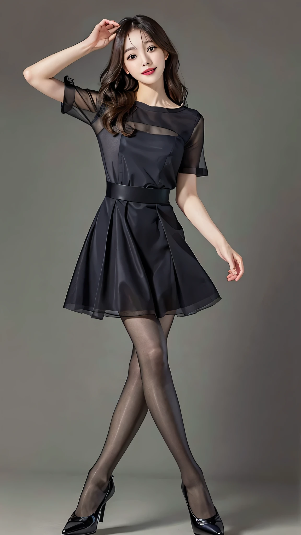 elegant woman sitting on a chair, amazingly cute face、popular makeup、korean female fashion model, (super realistic pantyhose:1.5)、black stockings、cute one piece、very beautiful legs, Cute elegant pose, korean girl, very beautiful long legs, pretty face with arms and legs, エレガントなsmileのポーズ, 全身cute young woman, gorgeous young korean woman, slim girl model photo, cute young woman、realistic skin texture、shiny skin、looked back、smile