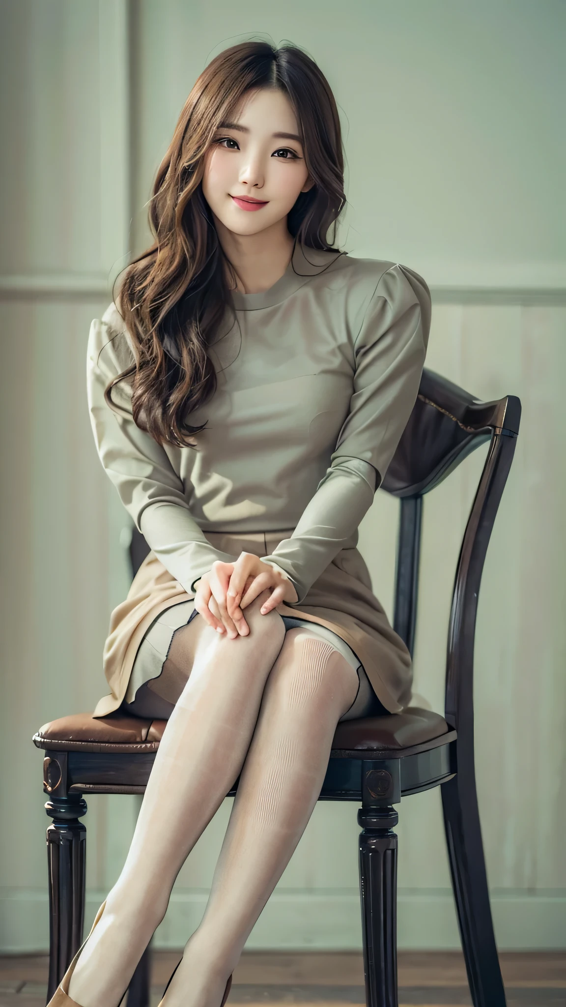 elegant woman sitting on a chair, amazingly cute face、popular makeup、korean female fashion model, (super realistic pantyhose:1.5)、black stockings、cute one piece、very beautiful legs, Cute elegant pose, korean girl, very beautiful long legs, pretty face with arms and legs, エレガントなsmileのポーズ, 全身cute young woman, gorgeous young korean woman, slim girl model photo, cute young woman、realistic skin texture、shiny skin、smile、