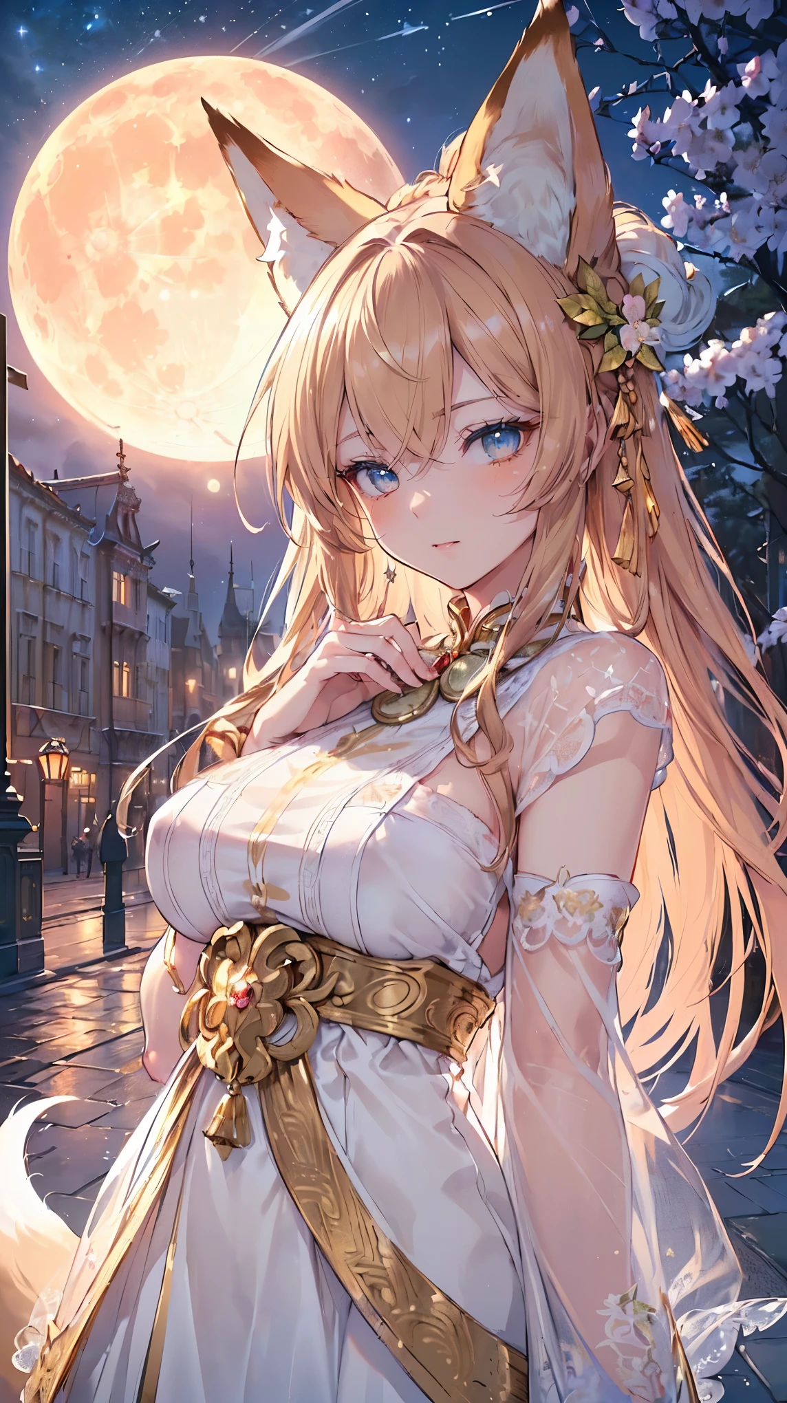 (((Masterpiece))), (((Highest quality))), ((Ultra-detailed)), ((Super fine illustration)), ((Ultra-fine painting)), (16K highest quality wallpaper:1.4), (Upper body:1.6), HDR, (Highly detailed and delicate illustration style:1.8), Detailed skin texture, Detailed cloth texture, Extreme detailed description, (T-masterpiece), (Highly detailed face:1.2), (Highly detailed fox ears:1.2), (Highly detailed shiny golden brown braid:1.2), (Highly detailed beautiful blue eyes:1.2), (Highly detailed nine tails:1.2), Original, RAW photo, Professional, Intricate details, Super details, Direct light:1.6, (Perfect anatomy:1.4), (Highly detailed hands:1.2), (Highly detailed fingers:1.2), (Highly detailed fingertips:1.2), (23-years-old), Real, (Solo:1.6), (A beautiful and attractive fox model with nine tails and eyes who is a messenger of the gods, and a shrine maiden:1.4) BRAKE (Beautiful and adorable fox ears:1.6), (Highly detailed and delicate fox ears:1.4), (Beautiful and adorable fox nine tails:1.4), (Highly detailed and delicate fox nine tails:1.2), (Beautiful and well-shaped big breasts:1.2), (Beautiful and well-shaped buttocks), (Beautiful and shiny golden brown braid:1.6), (Highly detailed and delicate golden brown braid:1.2), (Beautiful clear blue eyes that shine with great detail:1.6), (Highly detailed and delicate blue eyes:1.2), (Highly detailed face:1.4), (Smile:1.3), (Blush:1.2), (Looking at viewer:1.4) BRAKE (Puffer jacket:1.4), (Casual dress:1.4) BRAKE (concept art:1.2), (detailed fantasy art:1.2) BRAKE ((Highly detailed and delicate night view of the streets of European capitals in spring background:1.6), Highly detailed night view of the streets of a European capital in spring:1.2, Highly detailed and delicate moon and starry sky background:1.4) BRAKE 