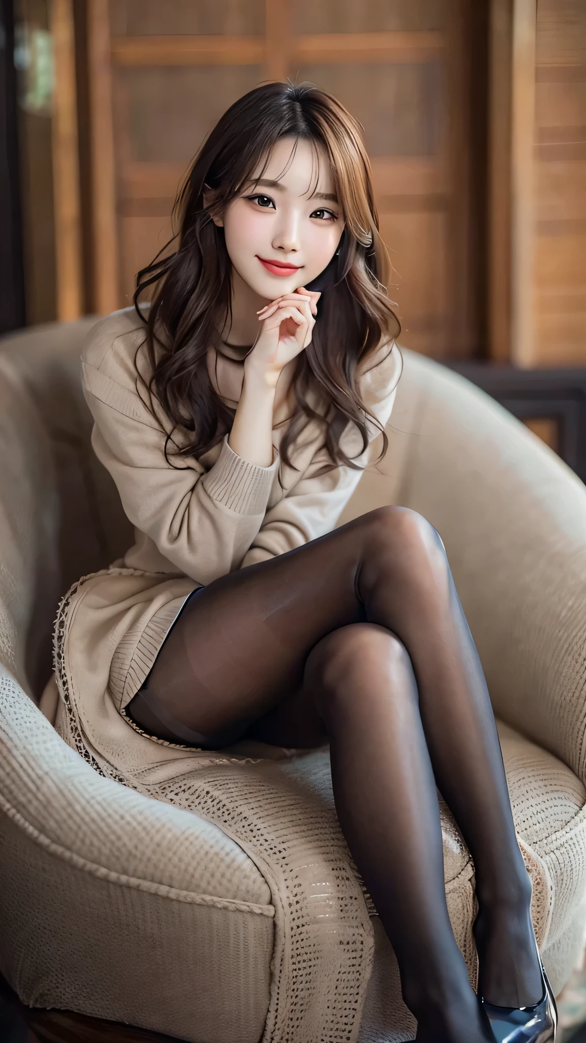 elegant woman sitting on a chair, amazingly cute face、popular makeup、korean female fashion model, (super realistic pantyhose:1.5)、black stockings、cute one piece、very beautiful legs, Cute elegant pose, korean girl, very beautiful long legs, pretty face with arms and legs, エレガントなsmileのポーズ, 全身cute young woman, gorgeous young korean woman, slim girl model photo, cute young woman、realistic skin texture、shiny skin、smile、