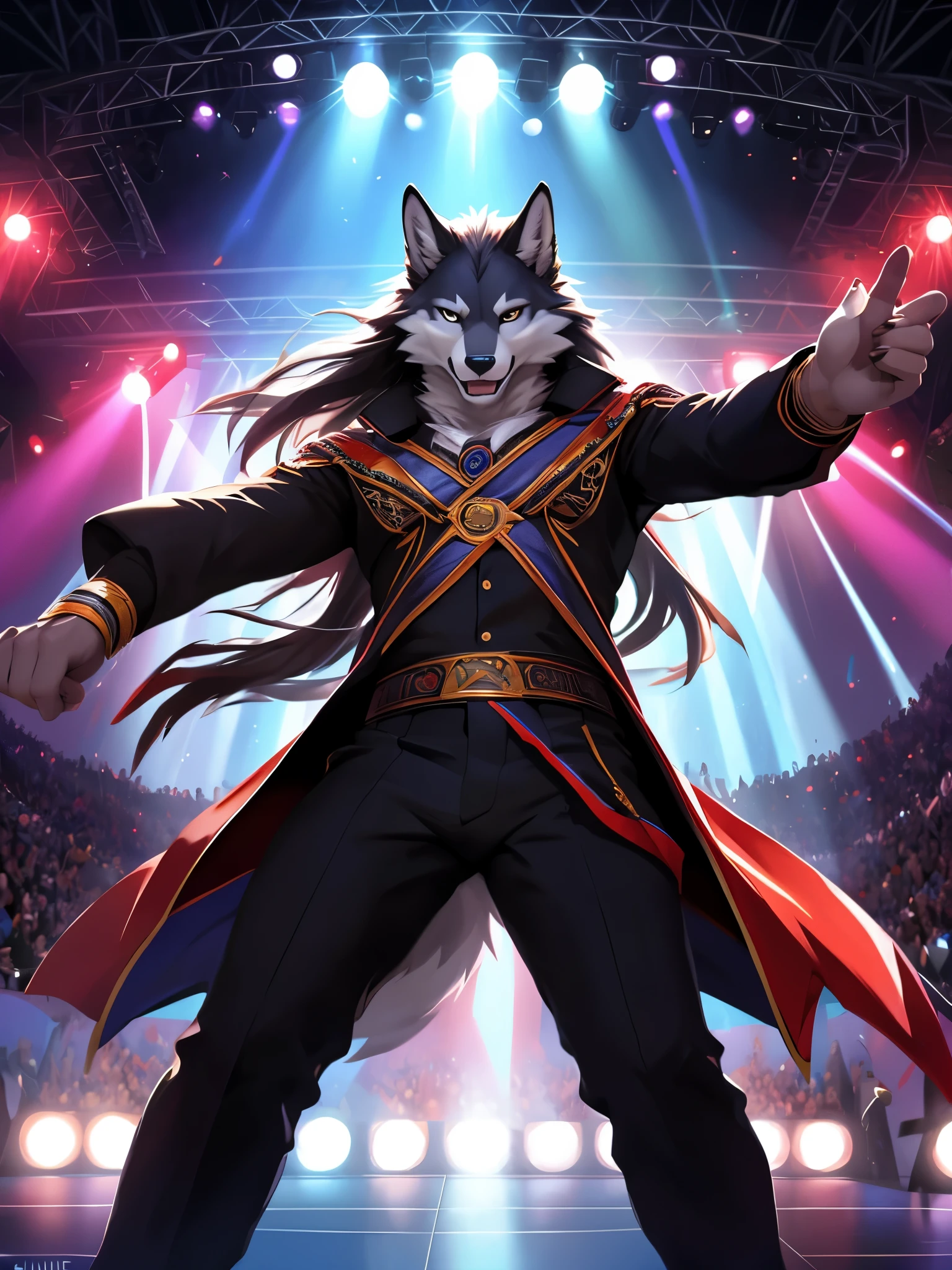 4k, high resolution, best quality, perfect colors, perfect shadows, perfect lighting, posted on e621, (by Chunie), male, furry, Wolf anthro, eyes, (Realistic eye details 1.2), KPop wear, slim body, Long hair, onstage, Singing in front of an audience, vigorously, spotlights, hold the mic, Perfect centralization, delight, Standing position, Abstract beauty, centre, Looking at the camera, Facing the audience, nearing perfection, Dynamic, highly detailed, Liso, sharp focus, 8K, A high resolution, illustration