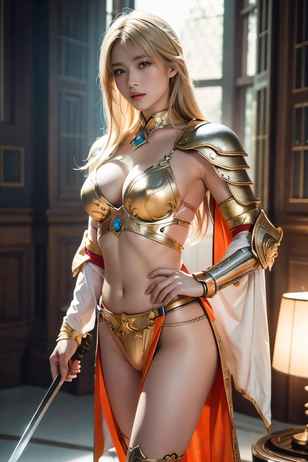 Masterpiece, a beautiful Amazon warrior, (Charming Russian model Nata Lee:1.0), high detail plate armor, filigree, small breasts, (strong muscular body), (Light blonde hair), legs, (high fantasy battlefield environment), (armies fighting in the background), executing a man with a sword, HD, (skin texture:1.1), best quality, ultra high res, (photorealistic: 1.4), Raw photo, by Peter, Nikon D850 Film Stock Photography, F1.6 Lens, Rich Colors, Realistic, Cinestill 800, backlight, rimlighting, studiolighting, sunlight, close-up