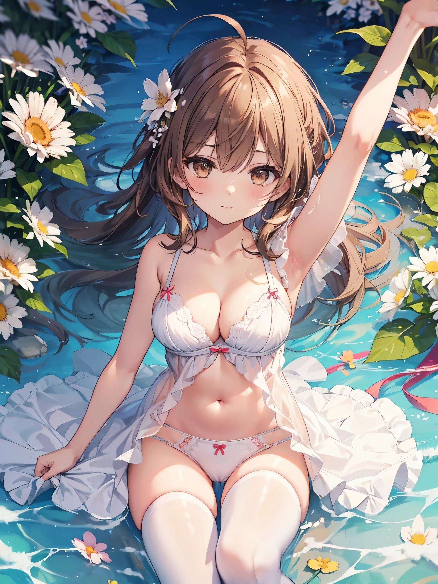 1 girl, alone, ((masterpiece)), ((highest quality)), Ahoge, white sundress, flower garden, Sunny, summer, dress, sunlight, cool clothes, brown hair, brown eyes, smile, 上からレースのpanties,Harness,cleavage,bra,belly button,sexual innuendo,really like,,white pantyhose,thin legs,Noodles,breathe in,panties,excretion of breast milk,grumpy,sit flat,please stretch your legs,close up of feet,sperm,spring,The shape of the female reproductive organs is clearly visible,climax,desire for dissatisfaction
