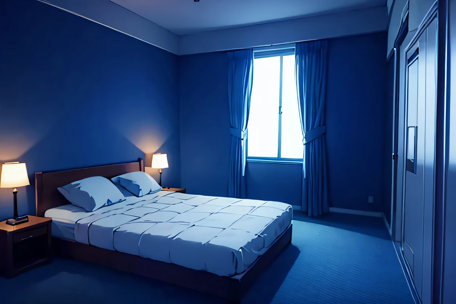 empty bedroom with curtains,bed,dark light late at night,dark blue room at night,Dark windows