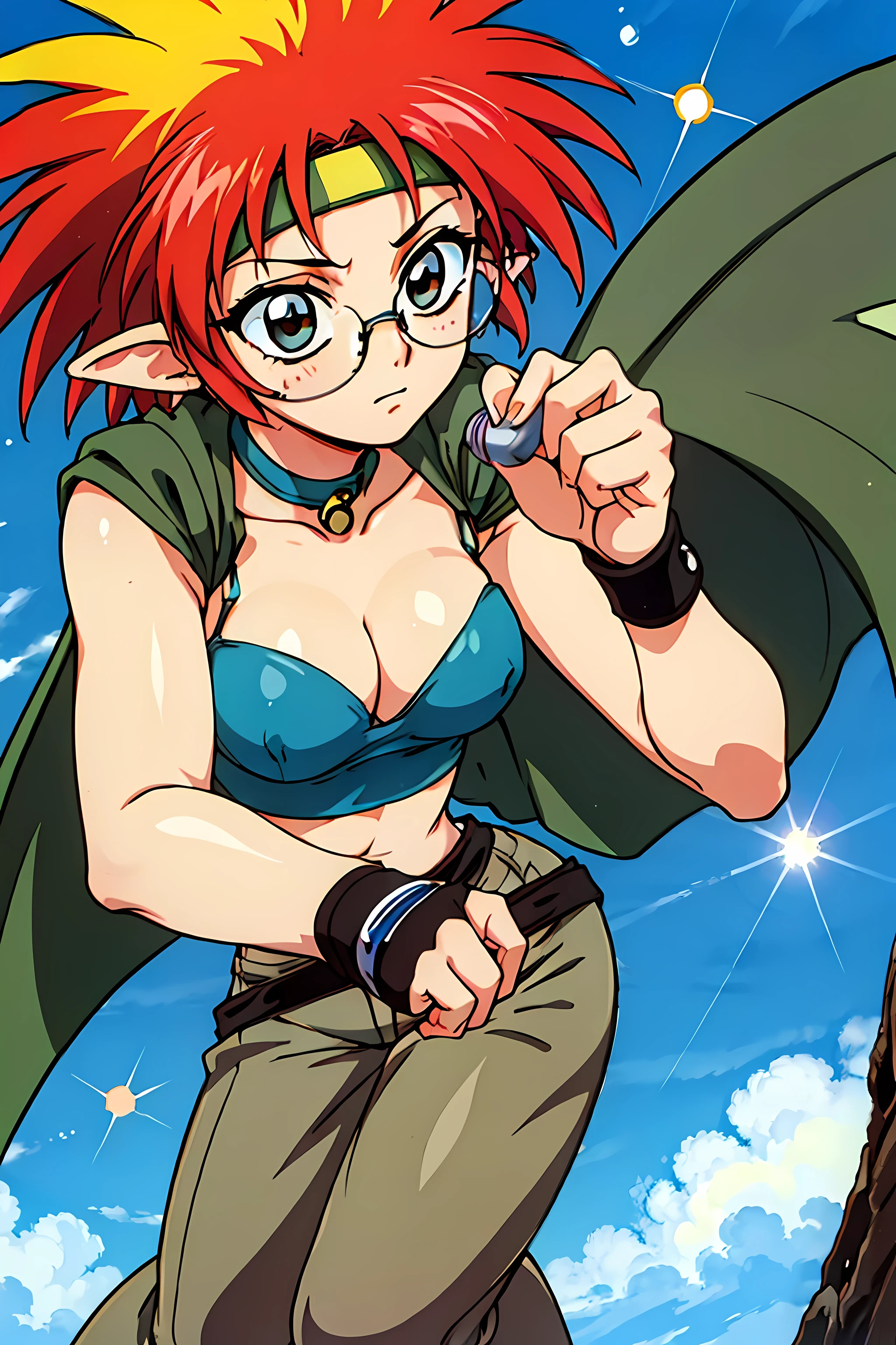 (highest quality:1.3),(ultra-be familiar with:1.5),High resolution,extremely be familiar with CG,unity 8k wallpaper,official art,be familiar with,super be familiar with skin,perfect anatomy,beautiful be familiar with eyes,(anime screenshot:1.1),very delicate and beautiful,90s anime,90s anime style,cel shaded anime,1 girl,
((Cat \(Ryu night\):1.52)),(Ammar:1.1),spike hair,colorful hair,redhead,yellow hair,head band,blue eyes,(coke bottle_Glasses:1.2),pointed ears,cape,medium breasts,abdomen,belly button,(fingerless gloves:1.1),pants,(grove of trees:1.4),((high color saturation:1.6)),(leaning_forward:1.3),flapping wings,
(shining eyes),blends well with the eye,blends well with the eye,focus of the eye,(Carefully crafted brilliance, sky blue lens flare:1.7),(expression of joy:1.51),octane rendering,rainbow paint drop,Woman made of paint,Full Paint,(movie background),splat,splash,dark and blurry background,close,(best lighting, very delicate and beautiful),Detailed beautiful shine,(soft light:1.2),(soft money tone lighting),Warm and soft lighting,dramatic light,((cinematic light)),ambient occlusion,ambient light,violently,powerful,Absolutely eye-catching splashes of color,((caustic)),raytraced reflections,light shines,