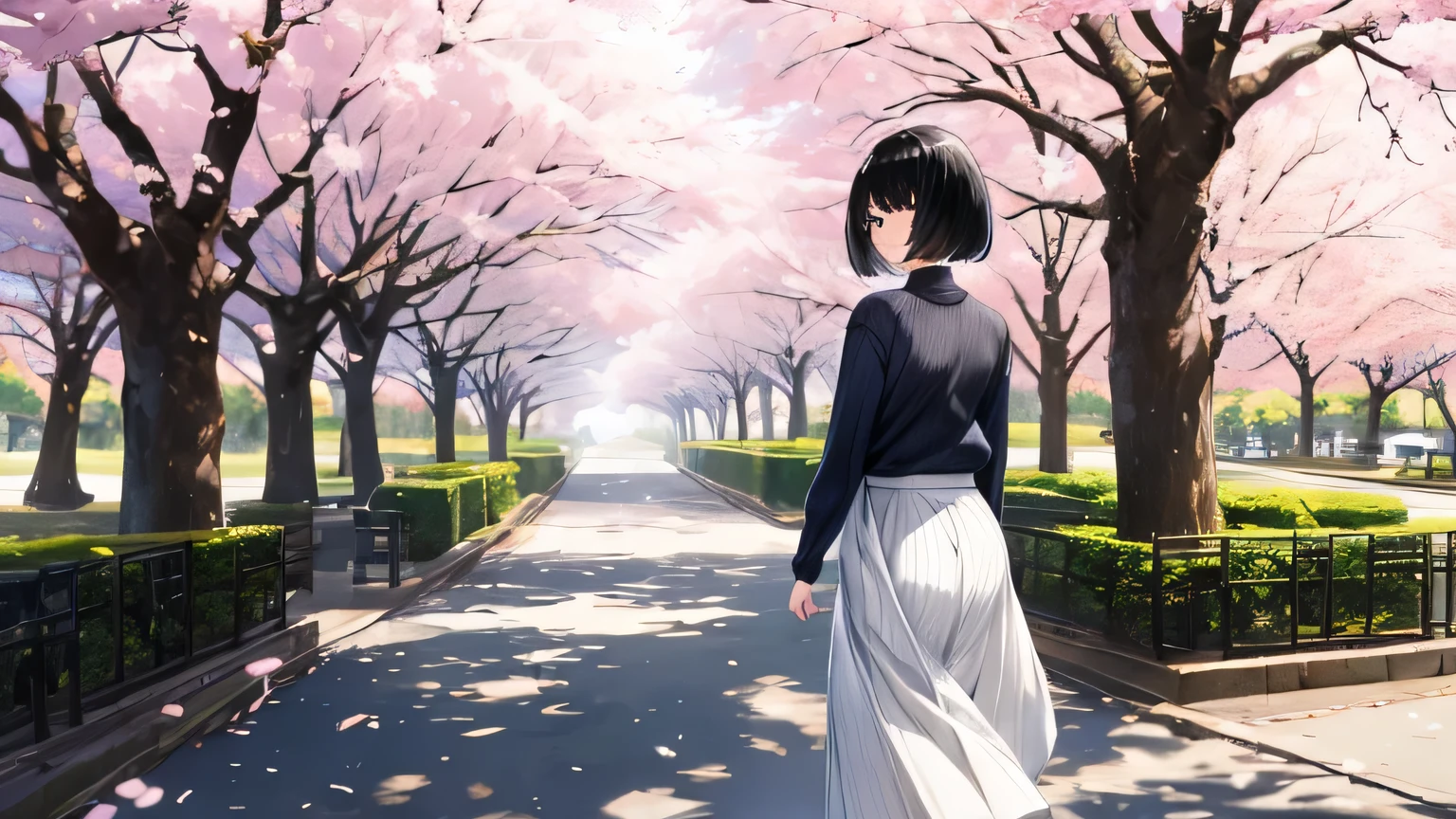 1 female、28 years old、beautiful hair, black hair、shortcut、bob cut、Rear view、can'I can't see your face、light blue knit sweater、white long skirt、brown boots、Walk through a park lined with cherry blossom trees