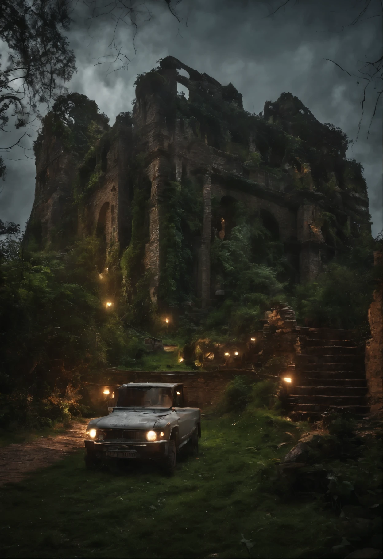 (best quality,4k,highres,masterpiece:1.2), ultra-detailed, realistic:1.37, vivid colors, sci-fi, portraits, landscape, HDR, vibrant green, sharp focus, futuristic world, computerized ruins, starry night sky, black and white contrast, eerie ambiance, dystopian city, order in chaos, dramatic lighting, abandoned buildings, mysterious atmosphere